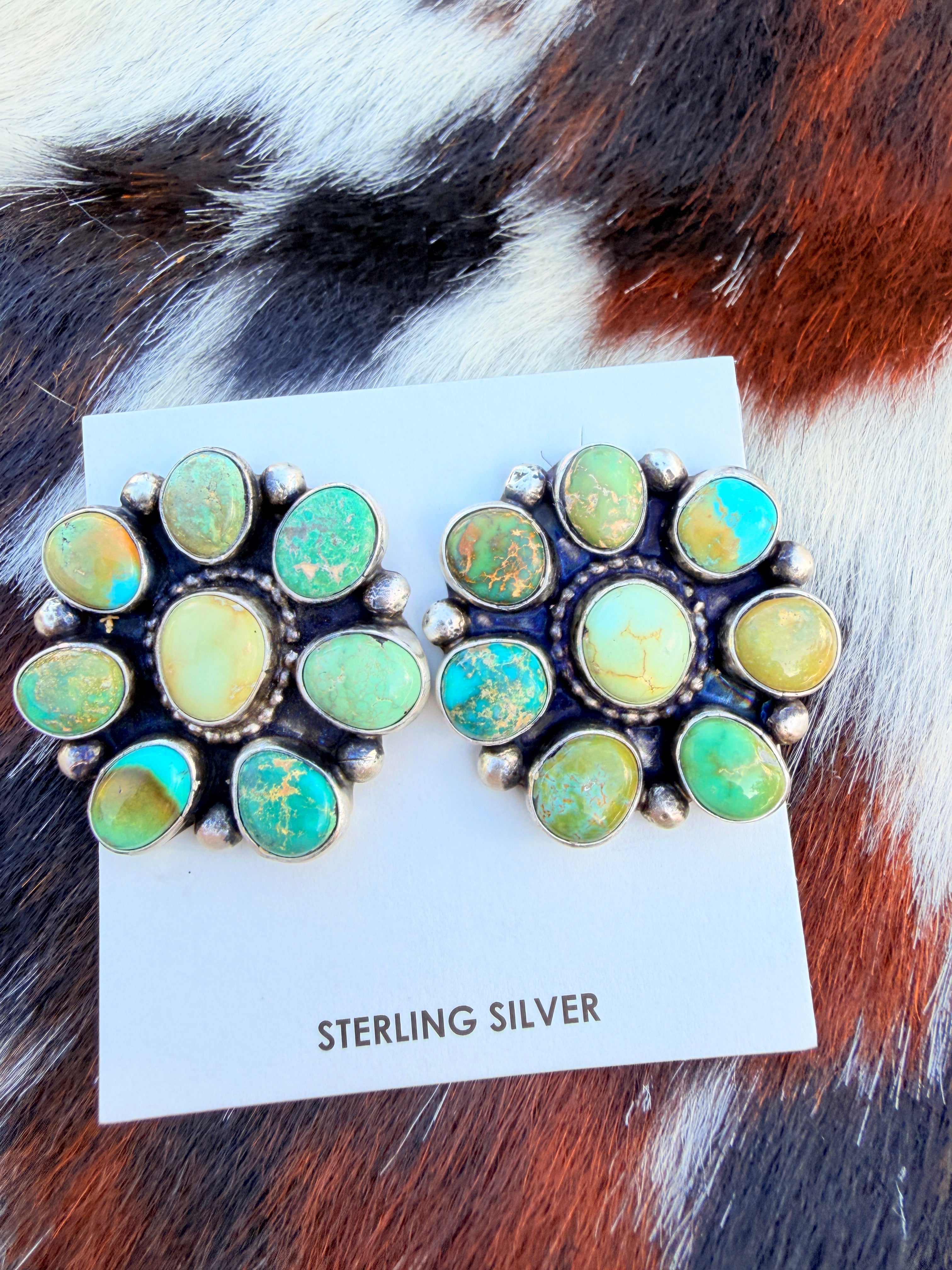 Handcrafted Royston Turquoise & Sterling Silver Cluster Post Earrings by Travis Jim