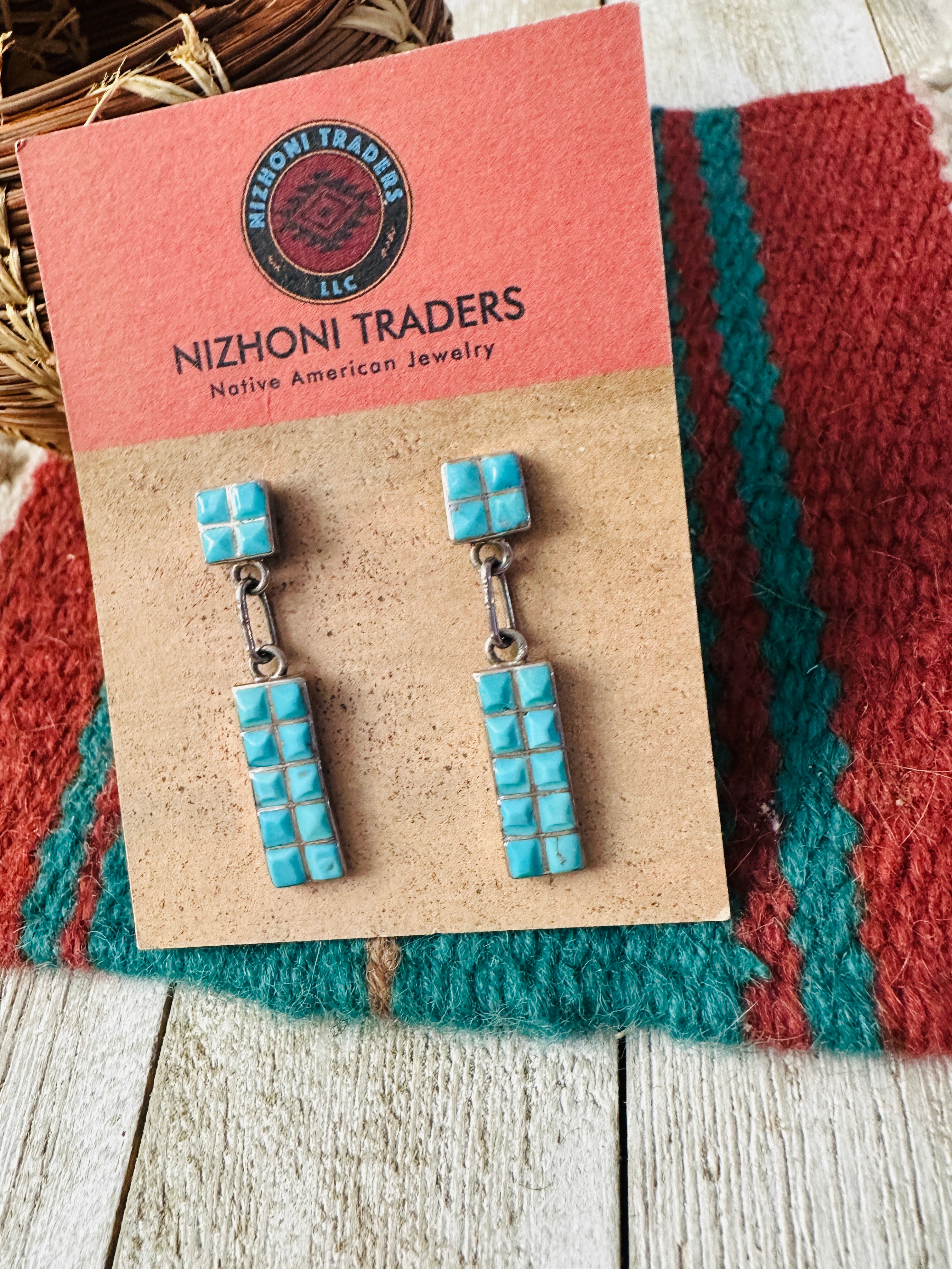 Old Pawn Handcrafted Turquoise & Sterling Silver Inlay Dangle Earrings