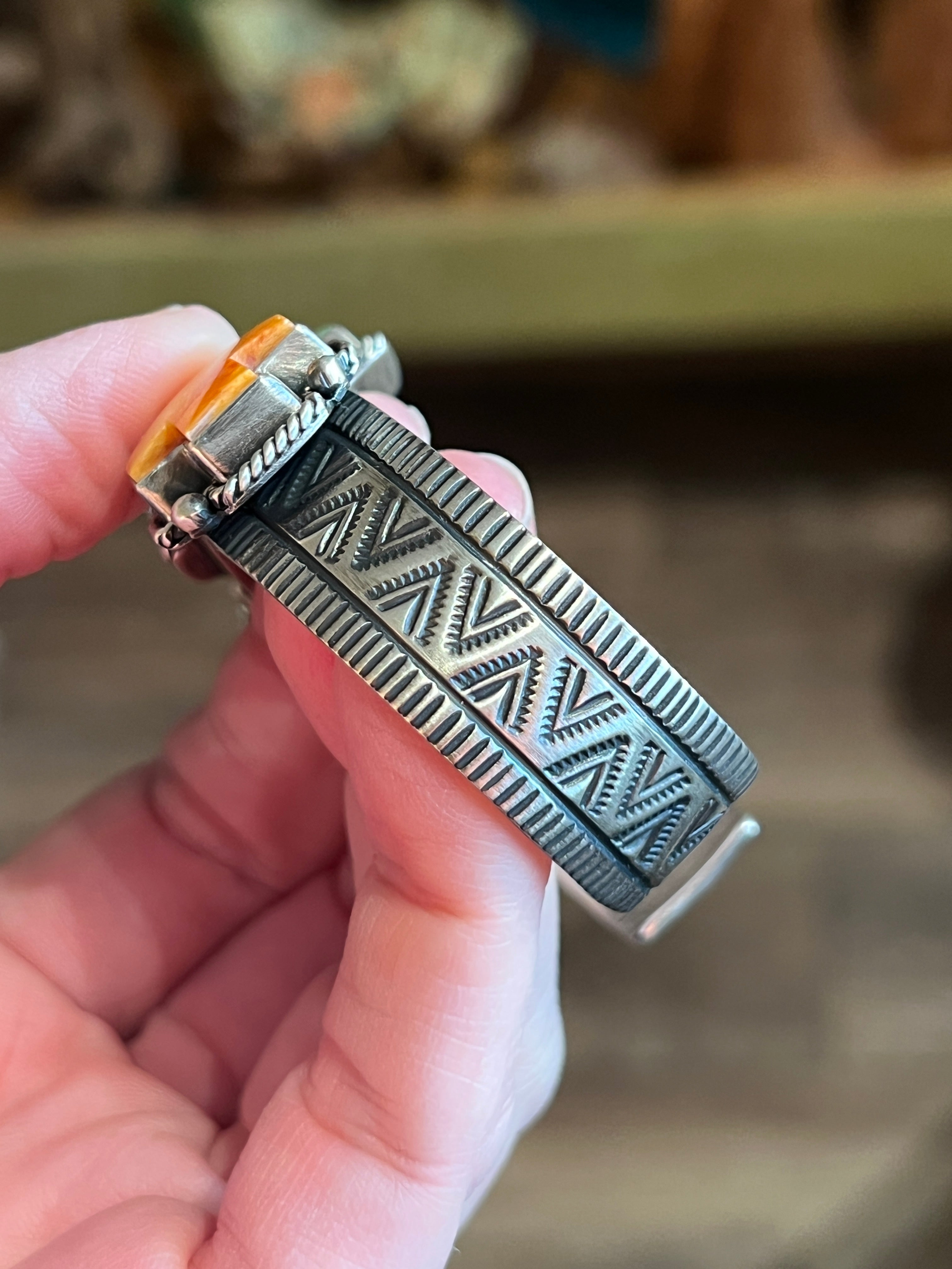 Handcrafted Hand Stamped Sterling Silver, Kingman Turquoise and Spiny Oyster Cross Cuff Bracelet by Bernyse Chavez