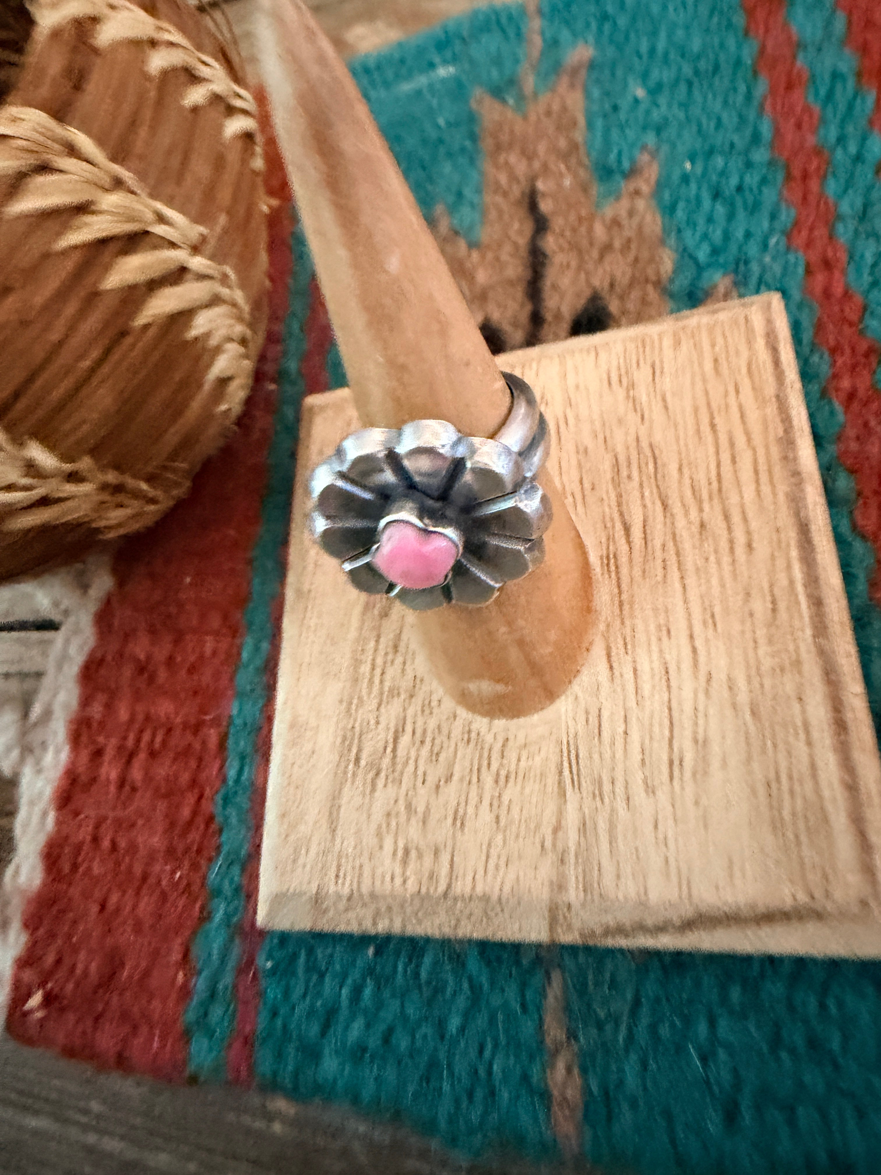 Handcrafted Queen Pink Cocnh and Sterling Silver Flower Ring size 6.75 by Chimney Butte