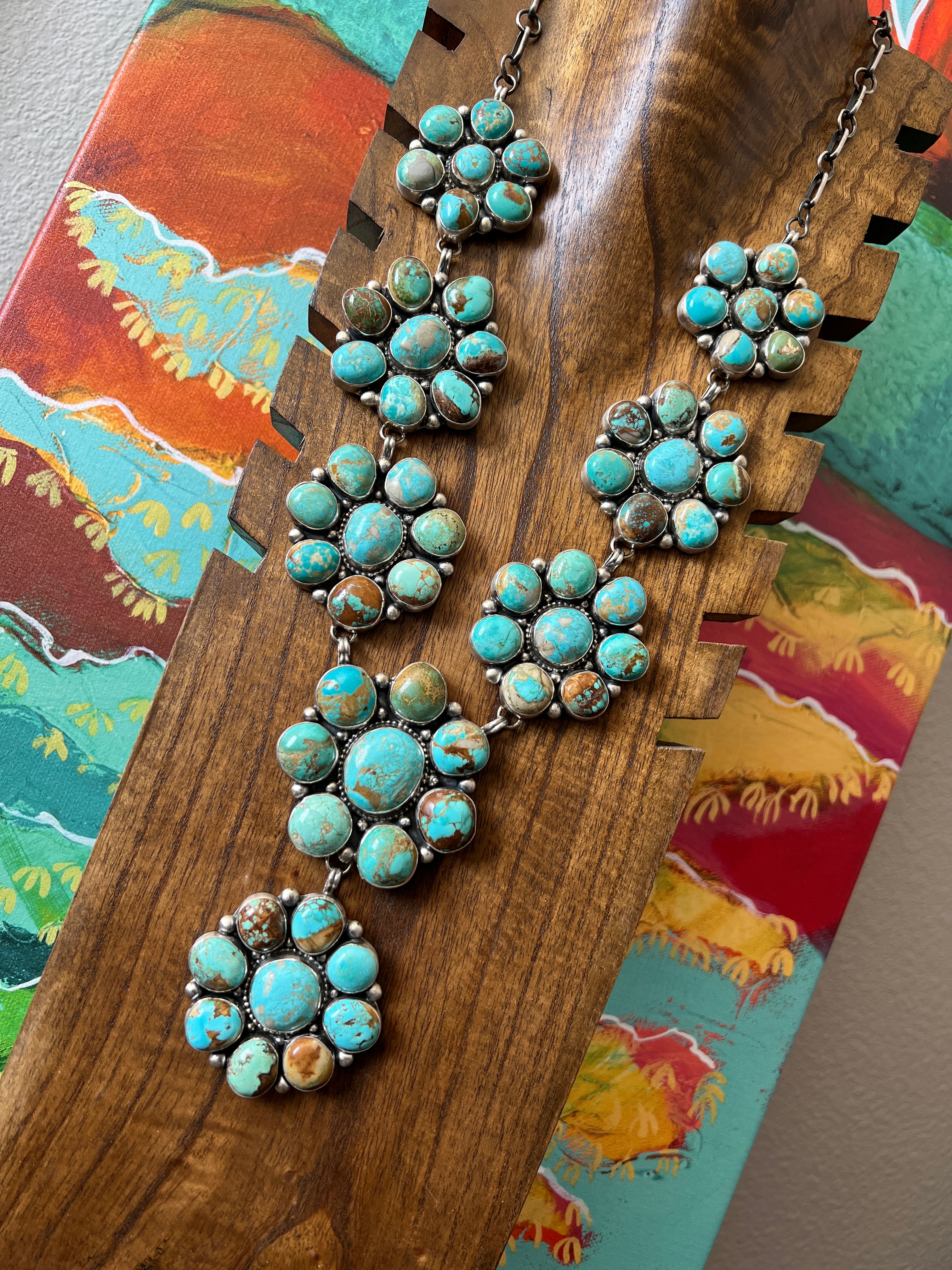 Handcrafted Big Mama Sterling Silver and Royston Turquoise Cluster Necklace with Matching Earrings by Sheila Becenti