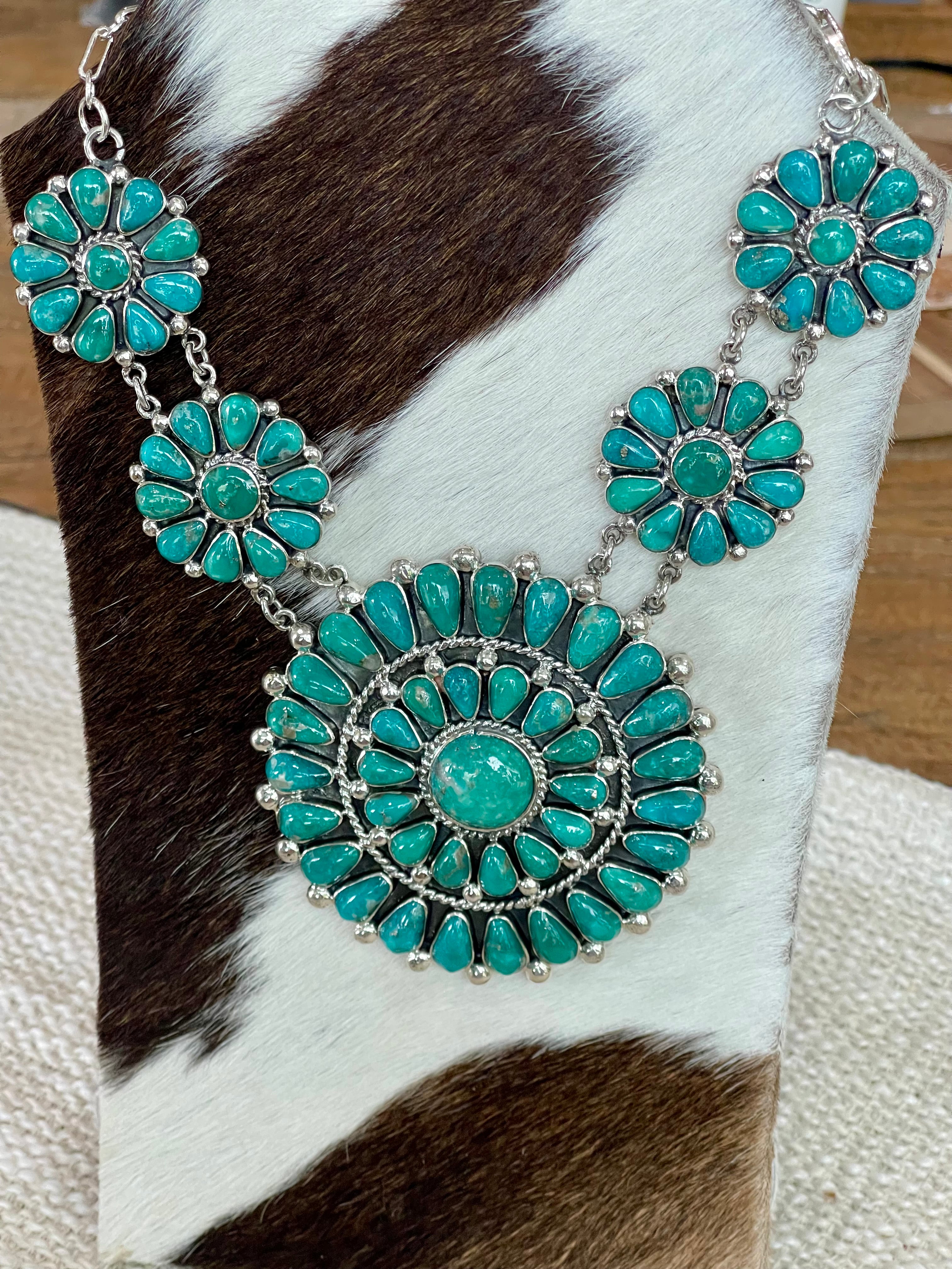 Gorgeous Handmade Turquoise & Sterling Silver Cluster Necklace