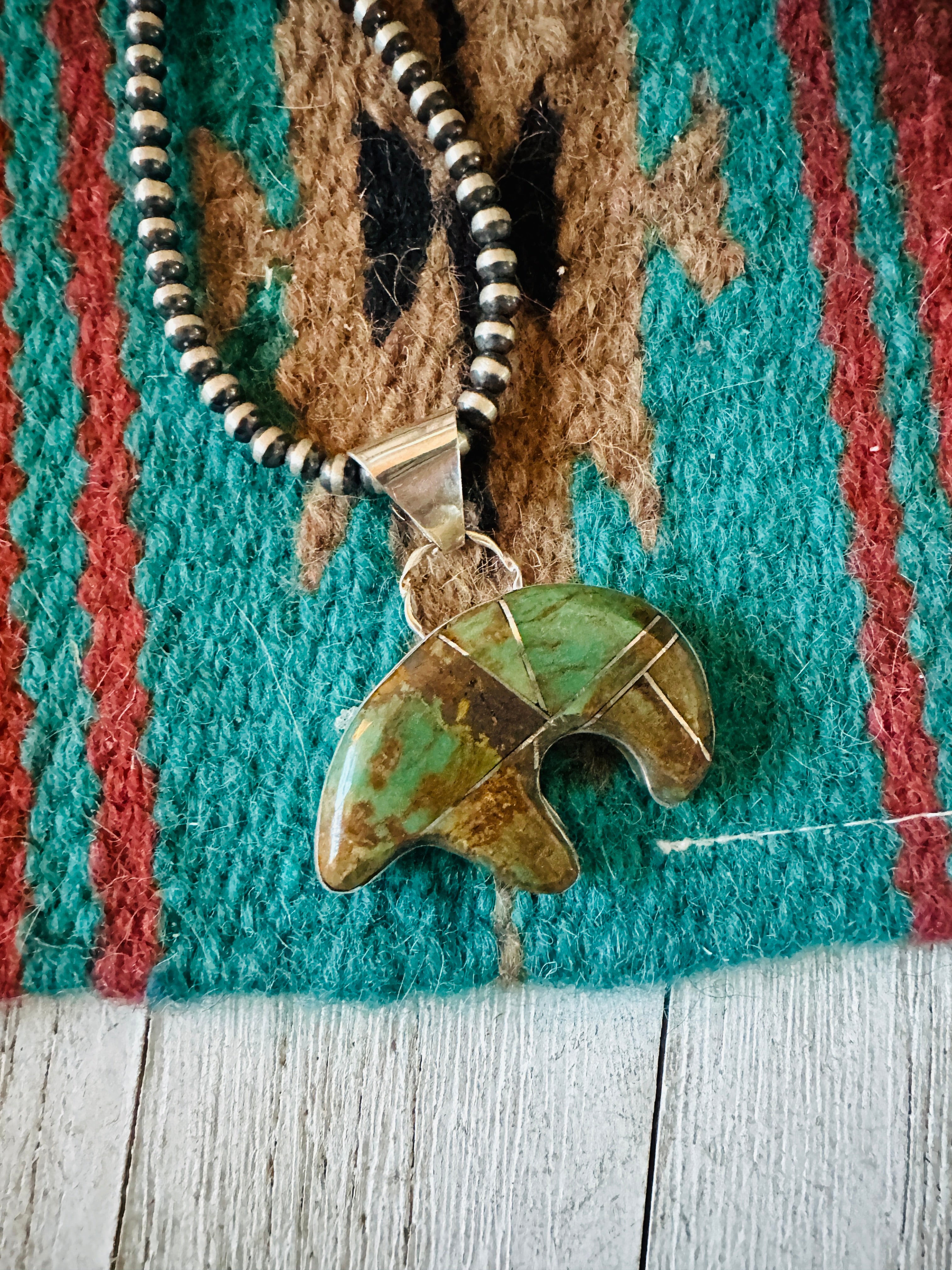 Navajo Turquoise & Sterling Silver Inlay Fetish Bear Pendant