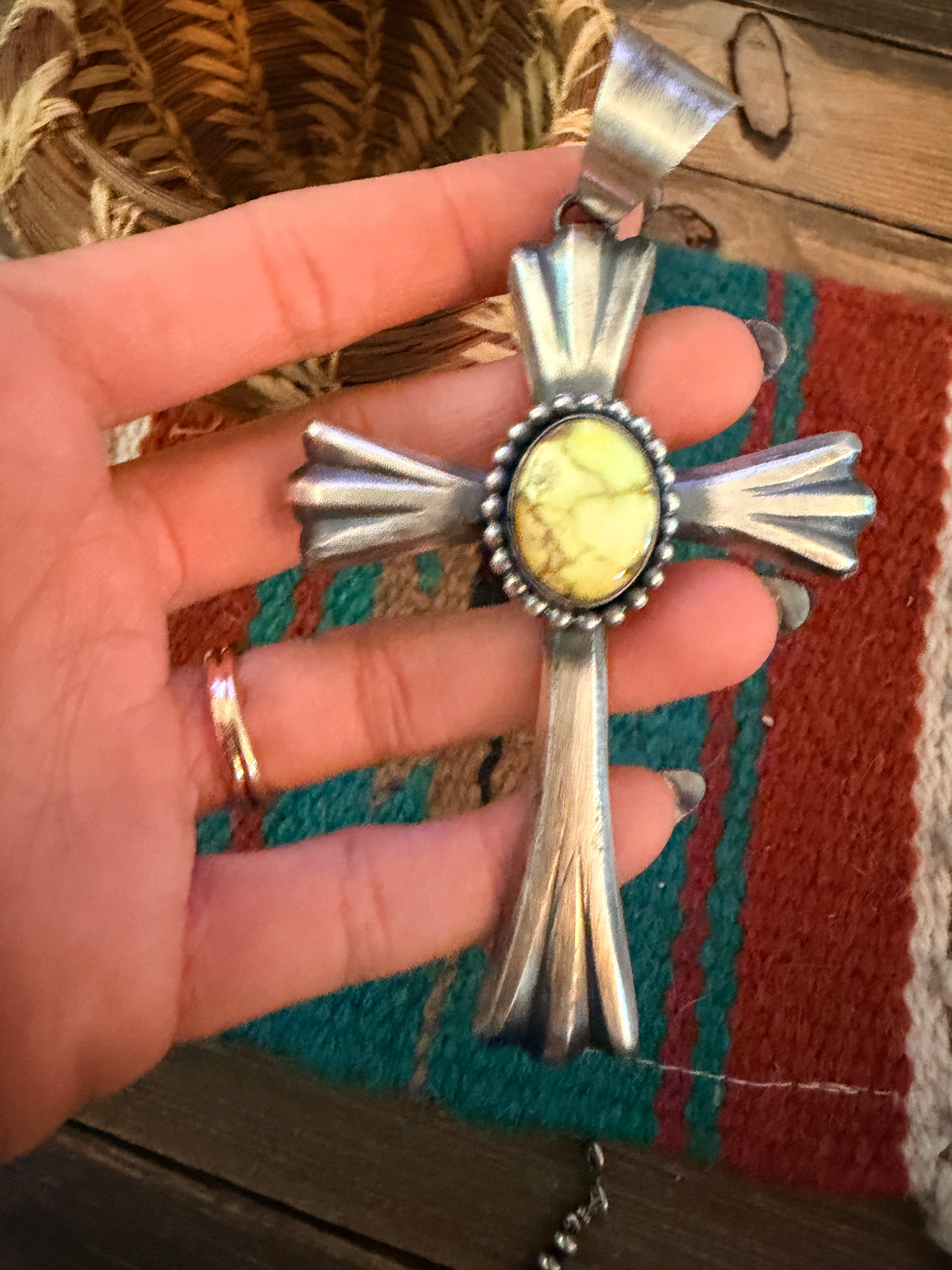 Handcrafted Palomino Turquoise & Sterling Silver Cross Pendant by Chimney Butte