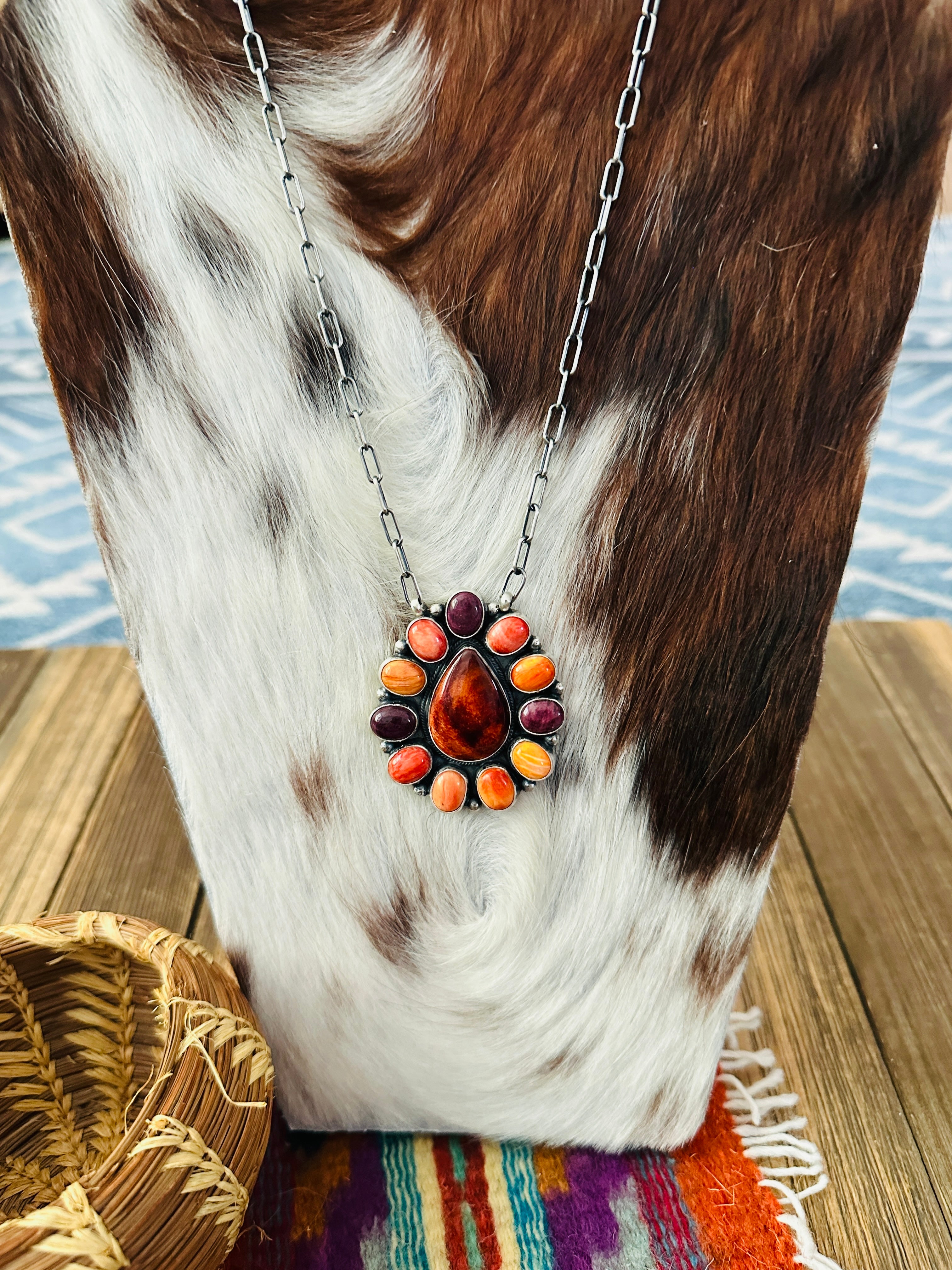 Handcrafted Multicolor Spiny Oyster & Sterling Silver Cluster Necklace by Sheila Becenti
