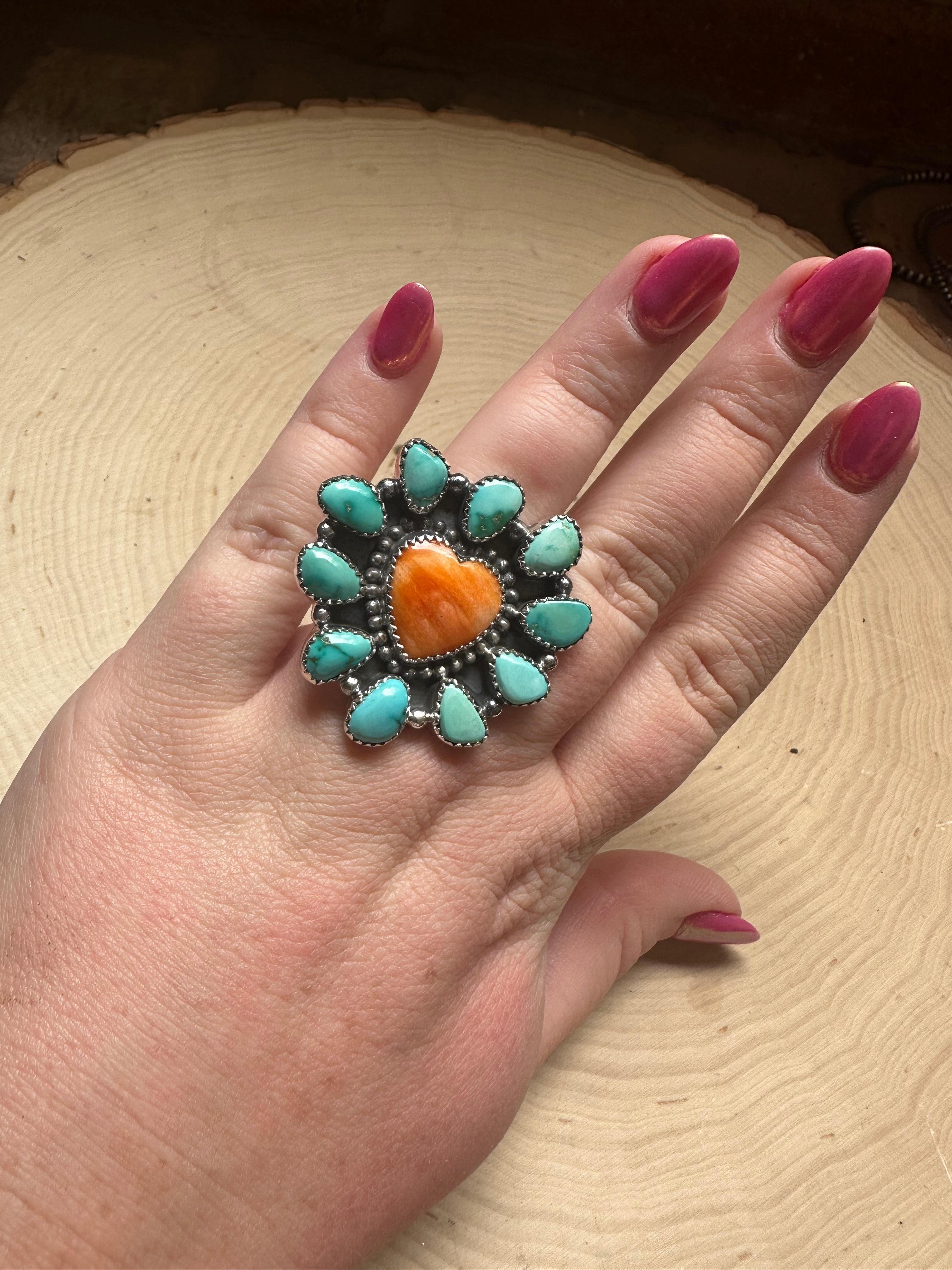 Handmade Sonoran Turquoise, Orange Spiny And Sterling Silver Adjustable Heart Ring Signed Nizhoni