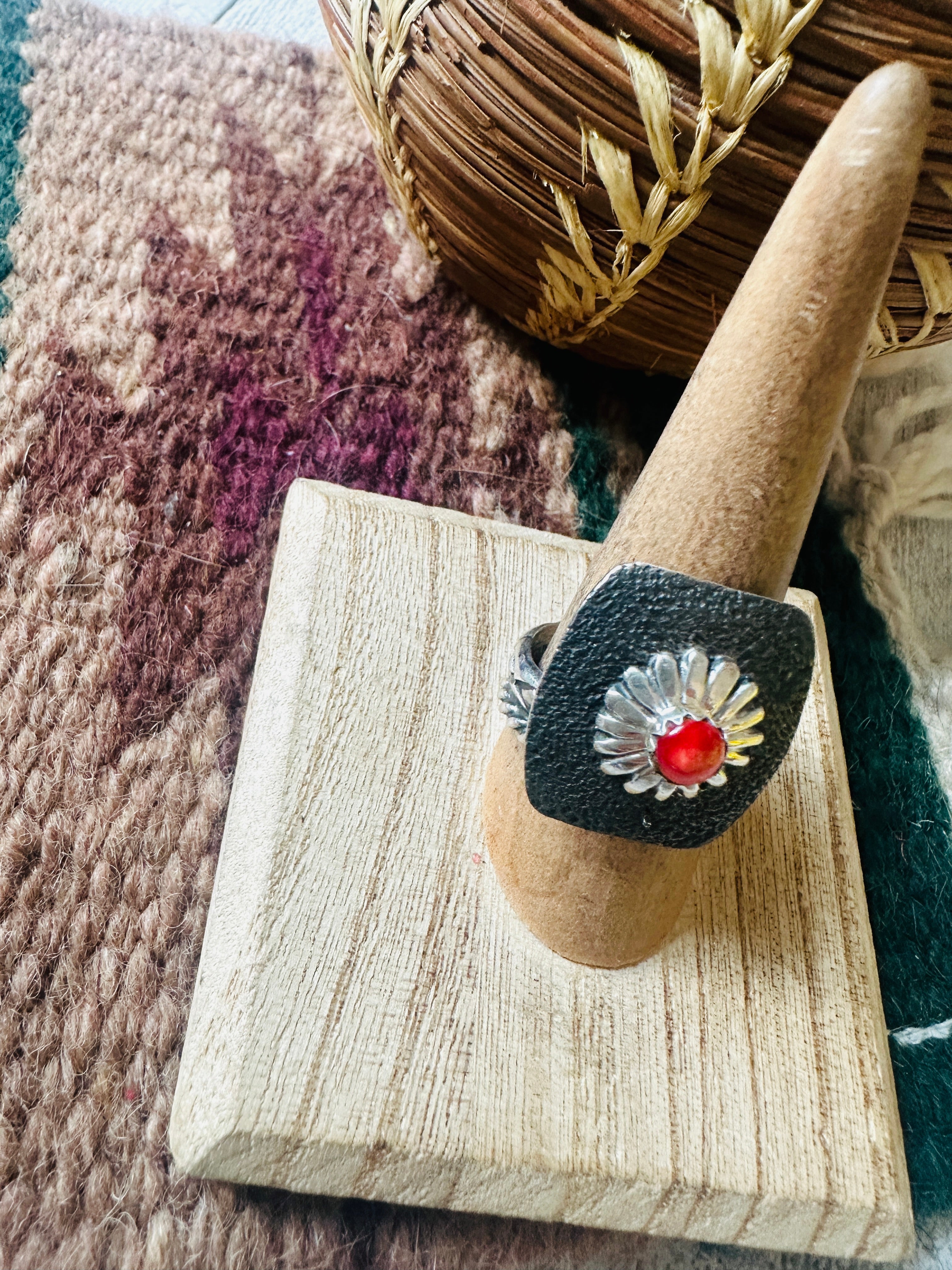 Navajo Sterling Silver & Red Spiny Concho Adjustable Ring