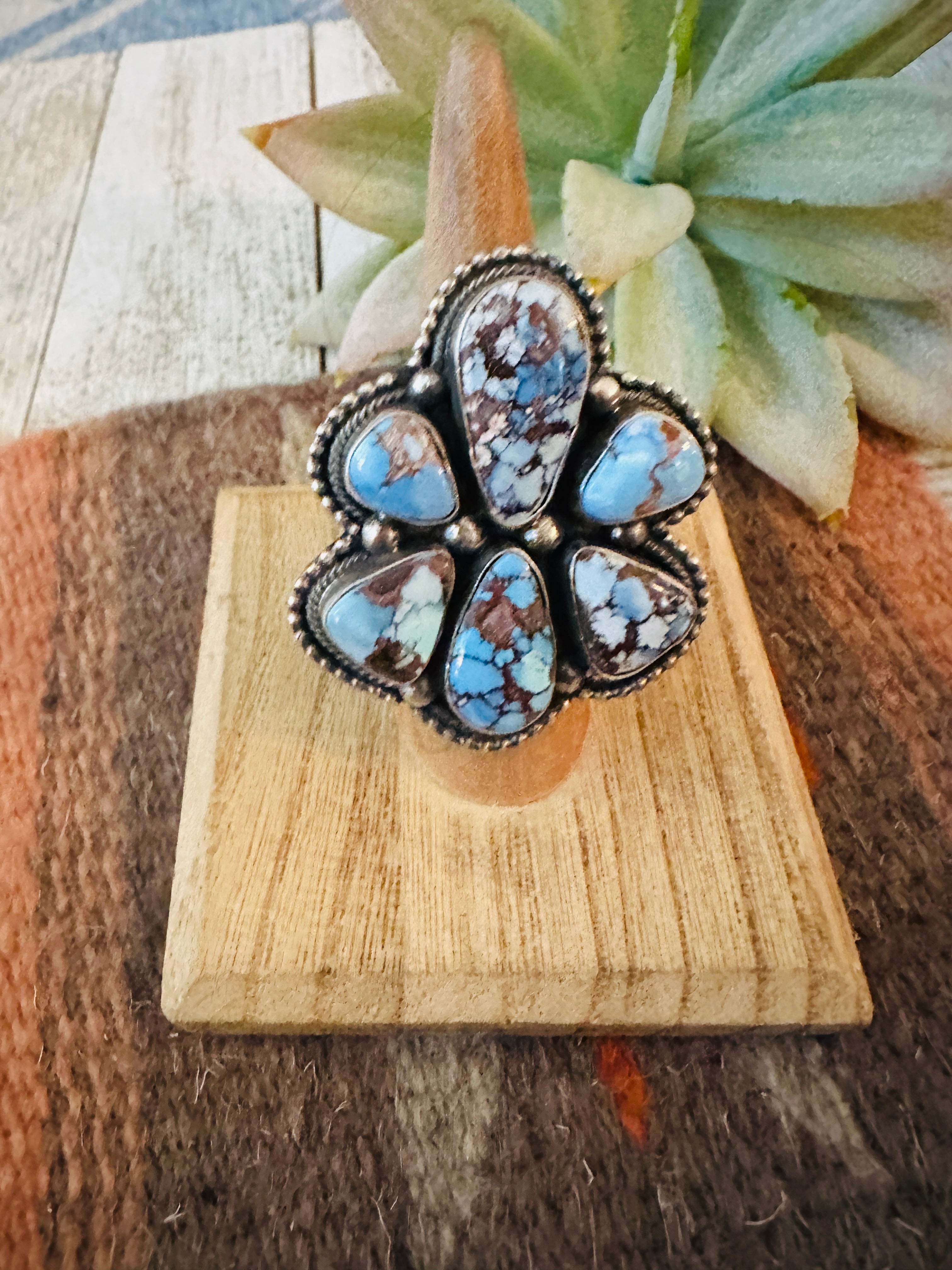 Navajo Golden Hills Turquoise & Sterling Silver Cluster Ring Size 6.5