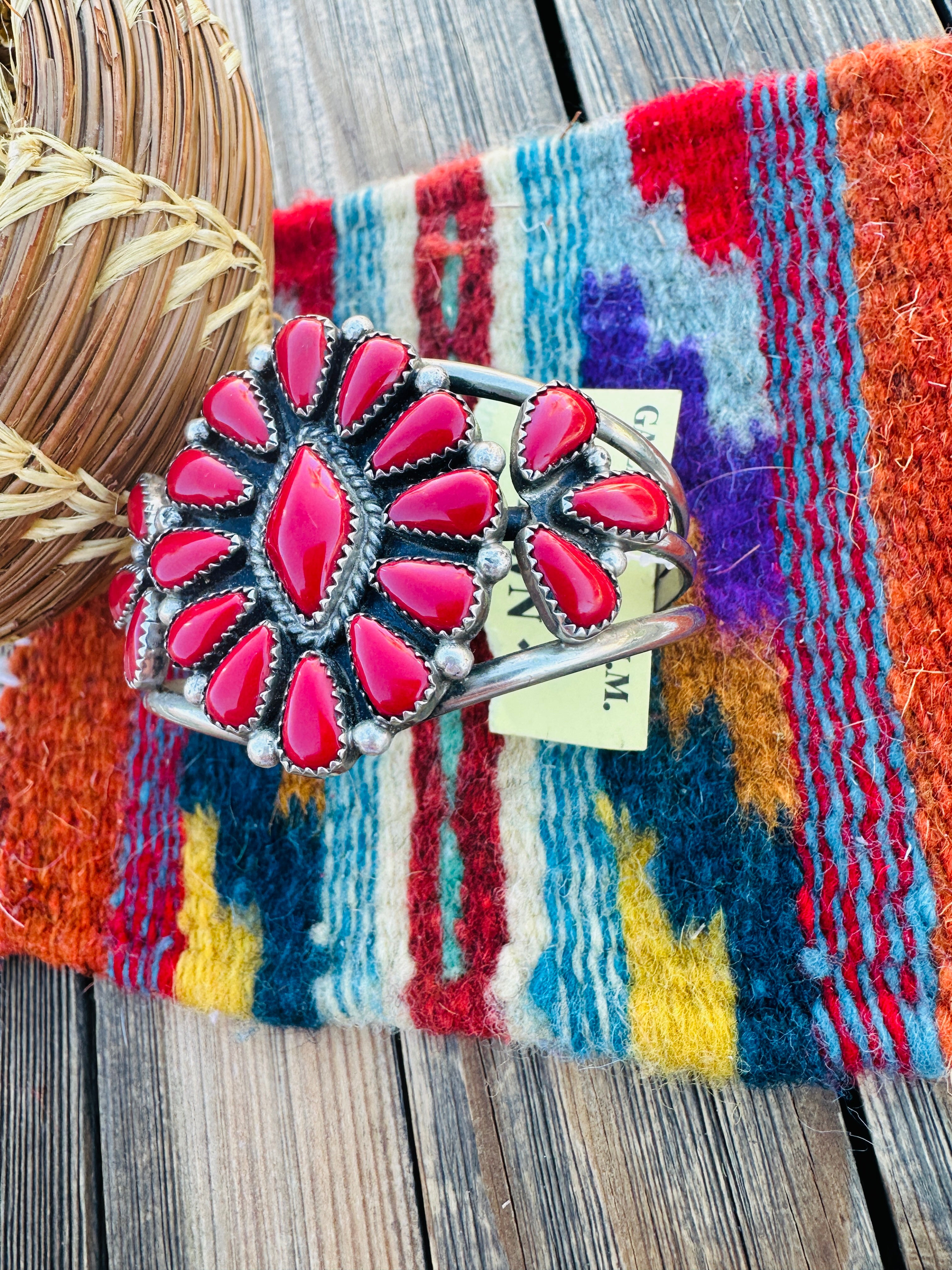 Handcrafted Old Pawn Coral & Sterling Silver Cluster Cuff Bracelet