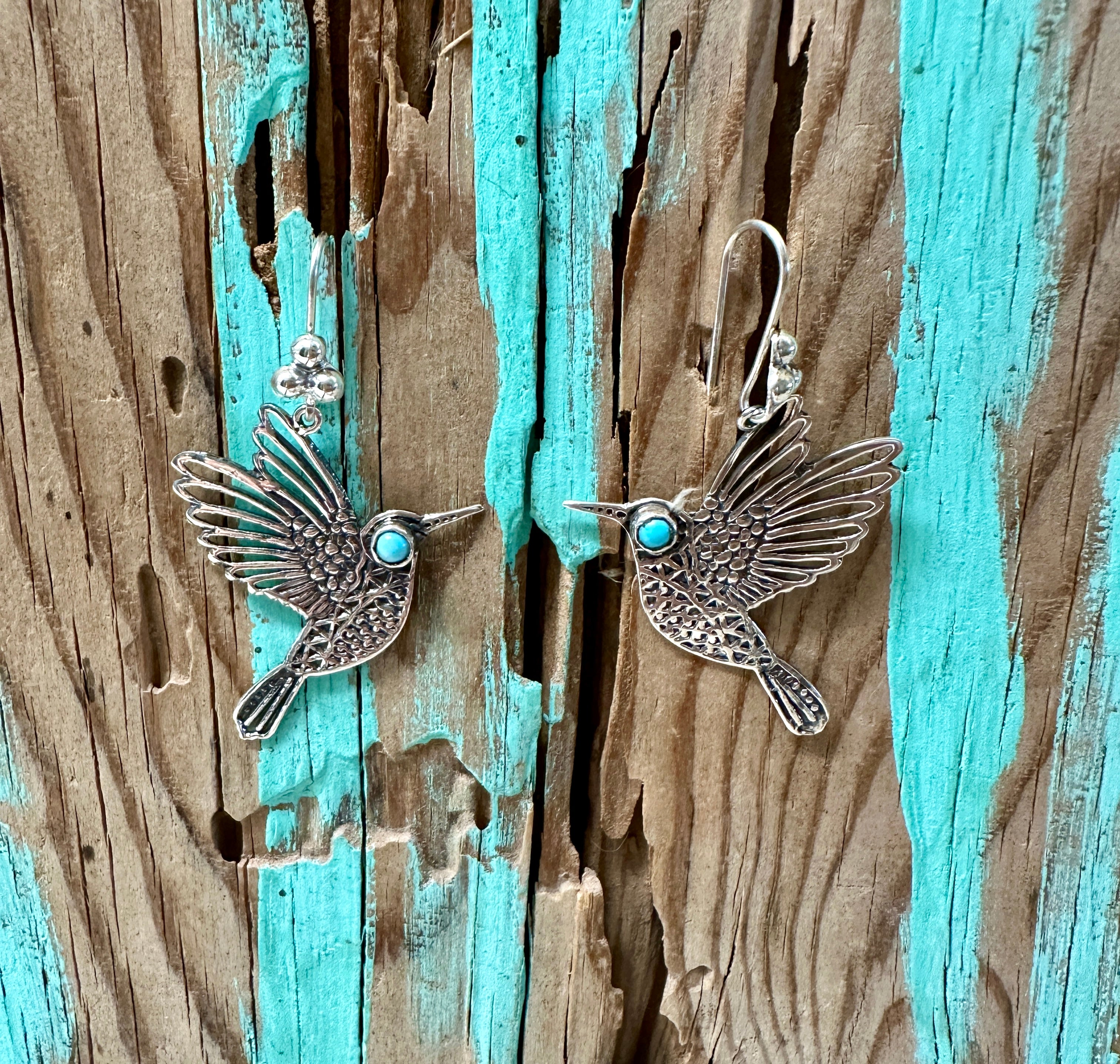 Hummingbird with Turquoise Eyes Sterling Silver Earrings