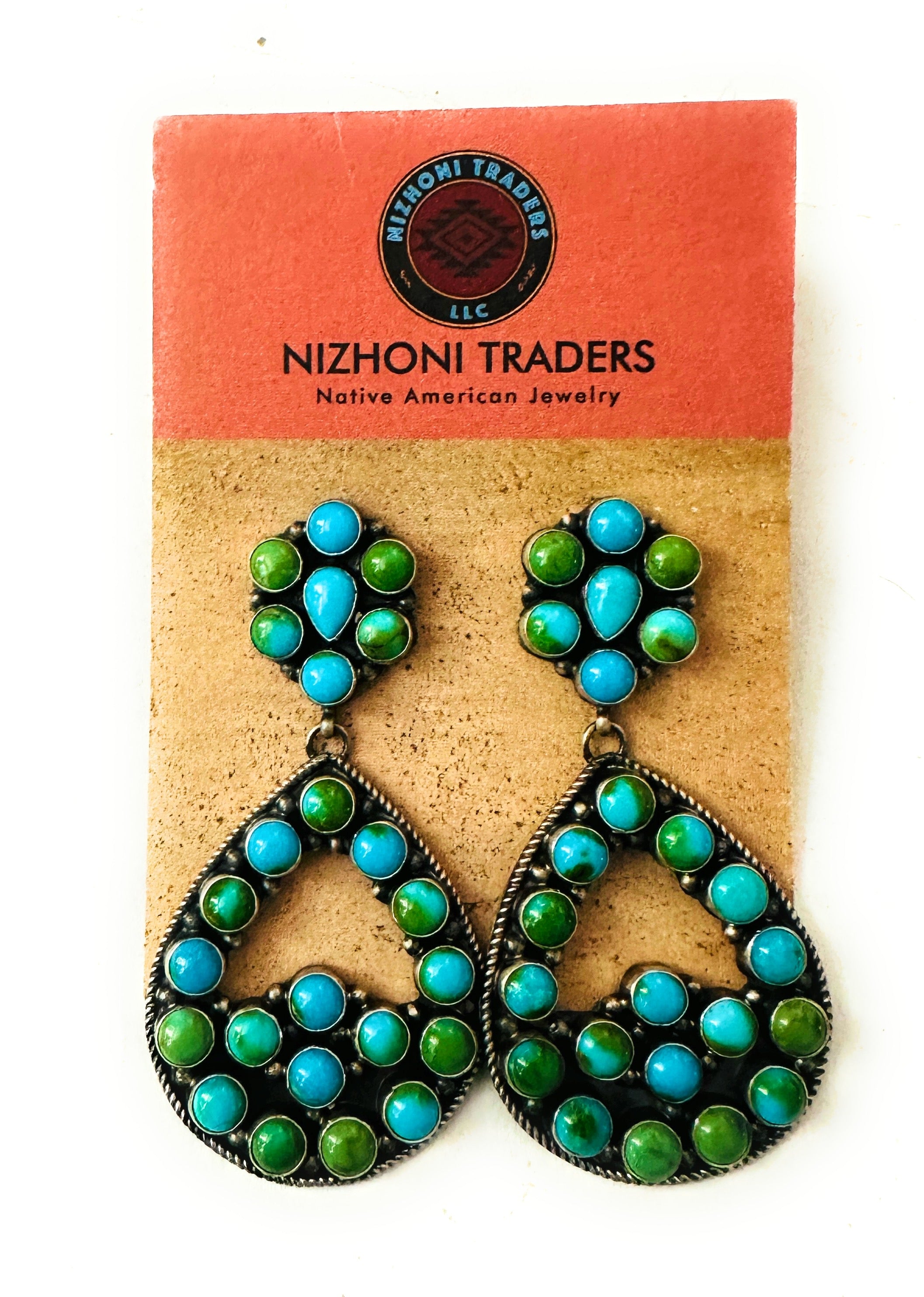 Navajo Sonoran Mountain Turquoise & Sterling Silver Cluster Dangle Earrings