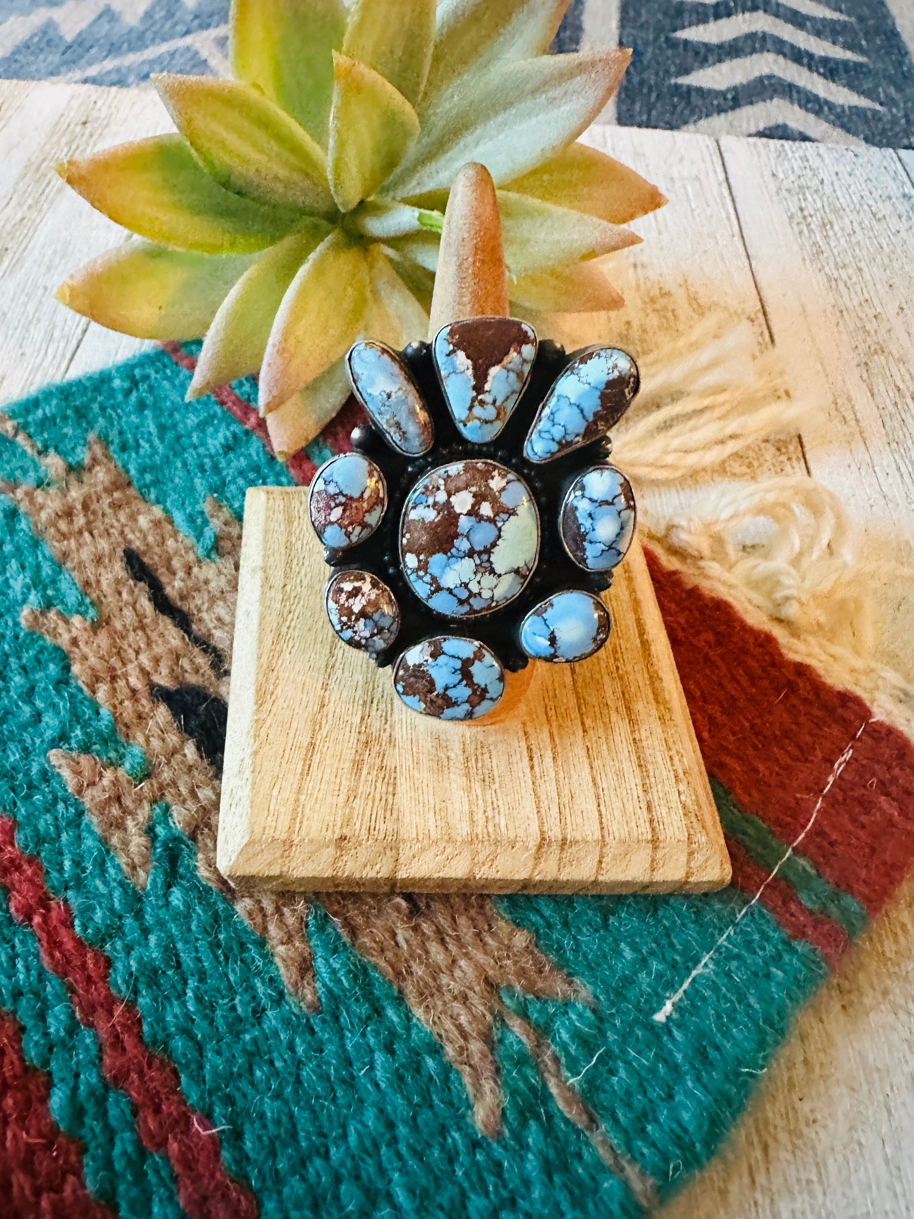 Navajo Golden Hills Turquoise & Sterling Silver Cluster Ring Size 7