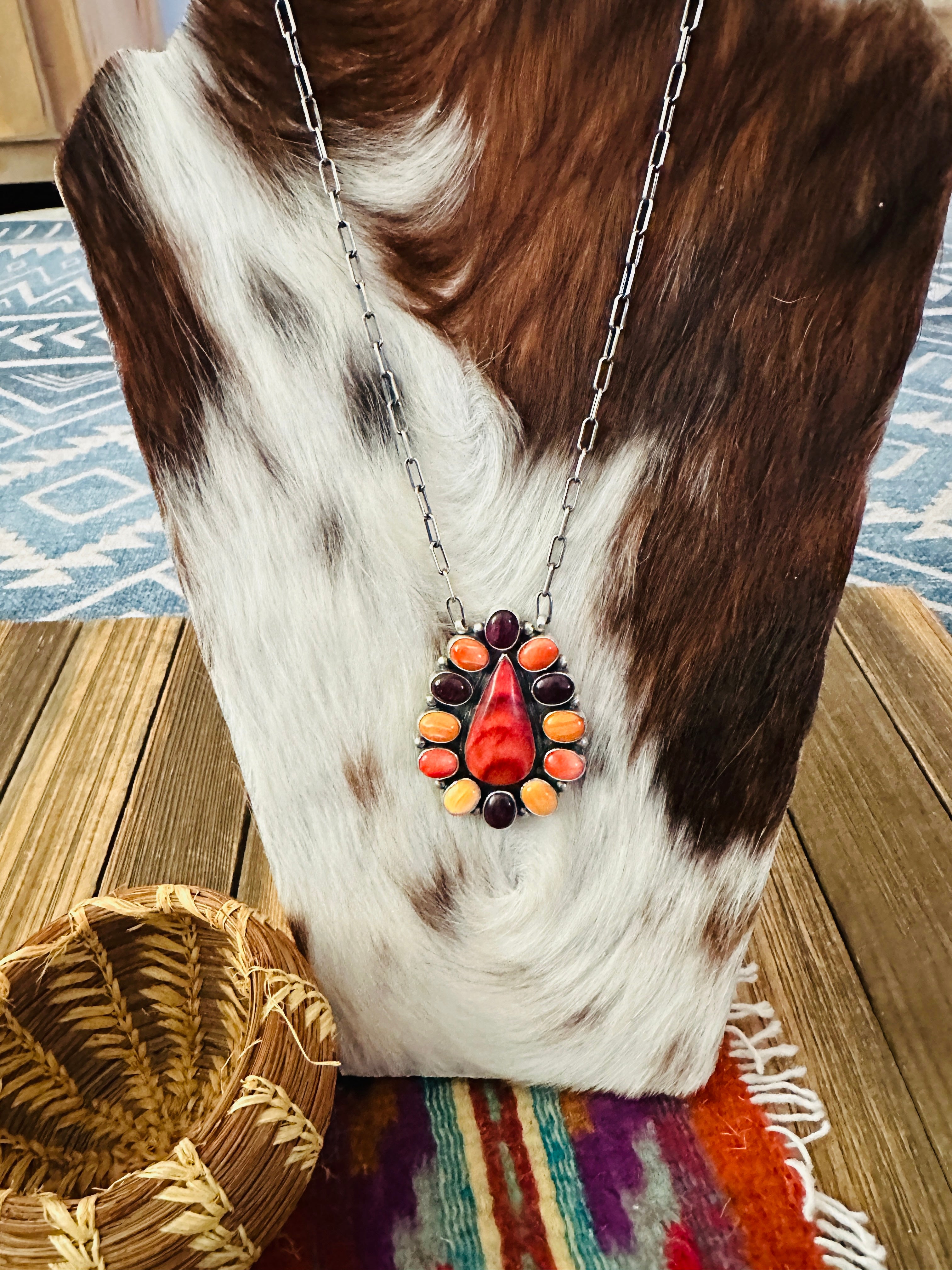 Handcrafted Multicolor Spiny Oyster & Sterling Silver Cluster Necklace by Sheila Becenti