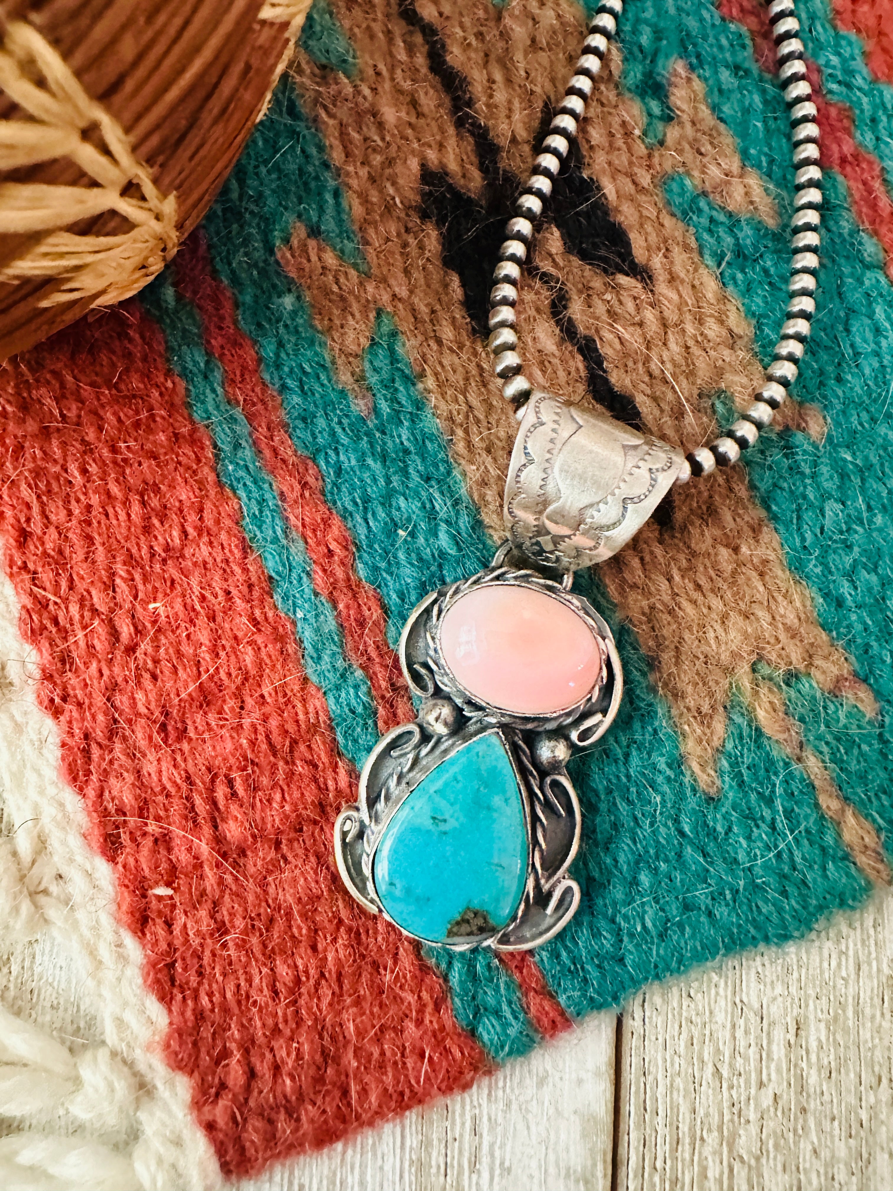 Handcrafted Sterling Silver, Queen Pink Conch & Turquoise Pendant