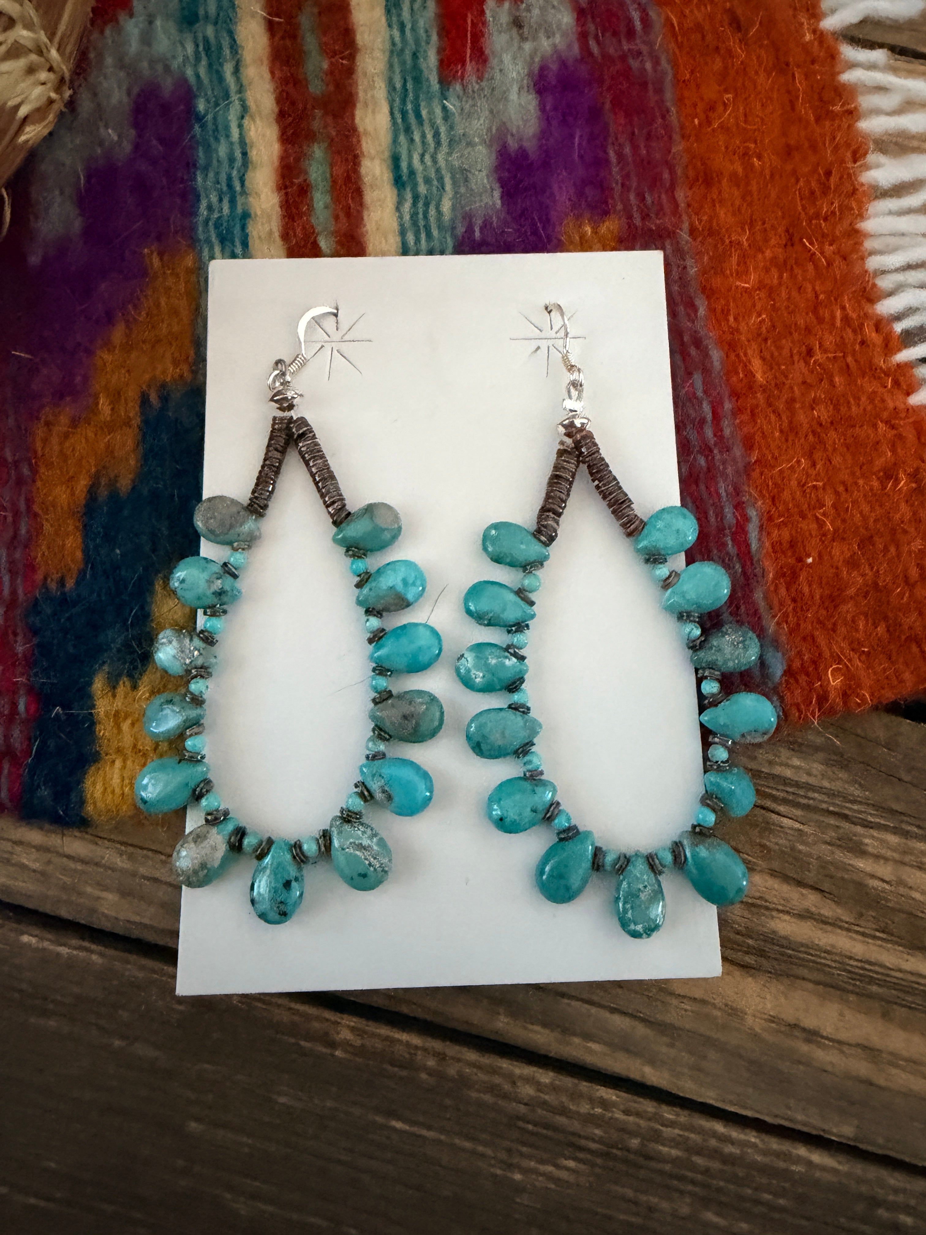 Handcrafted Heishi Shell & Turquoise Beaded Dangle Hoop Earrings