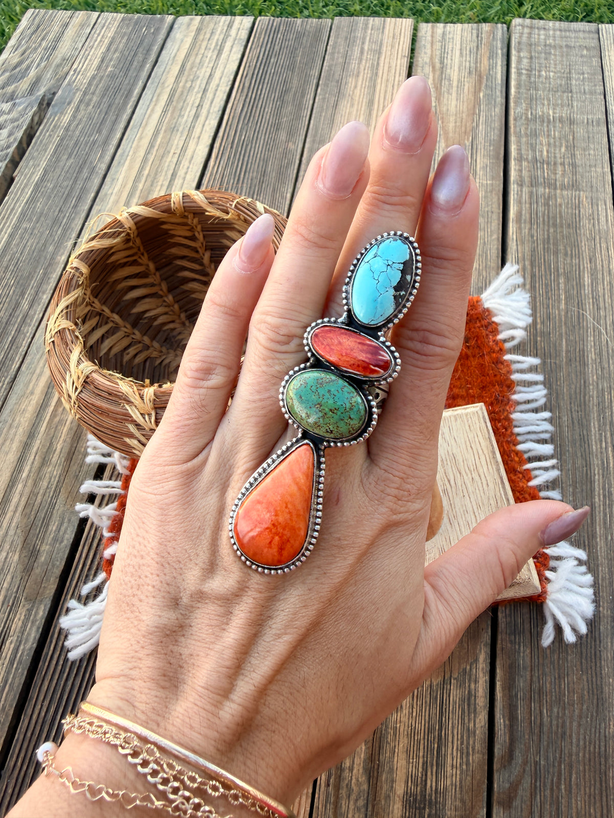 Handcrafted Spiny Oyster, Turquoise & Sterling Silver Adjustable Ring
