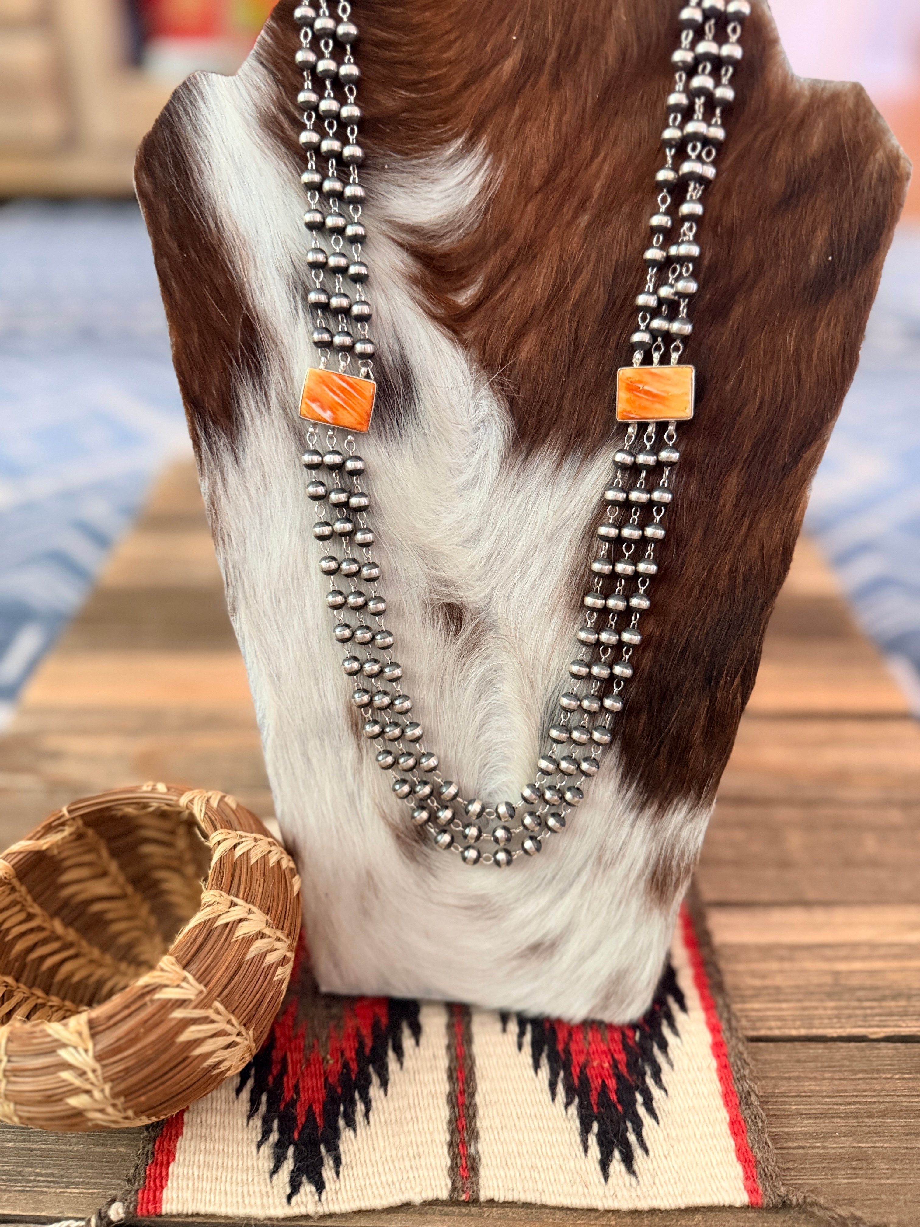 Handcrafted Spiny Oyster & Sterling Silver Pearl Triple-Strand Beaded Necklace
