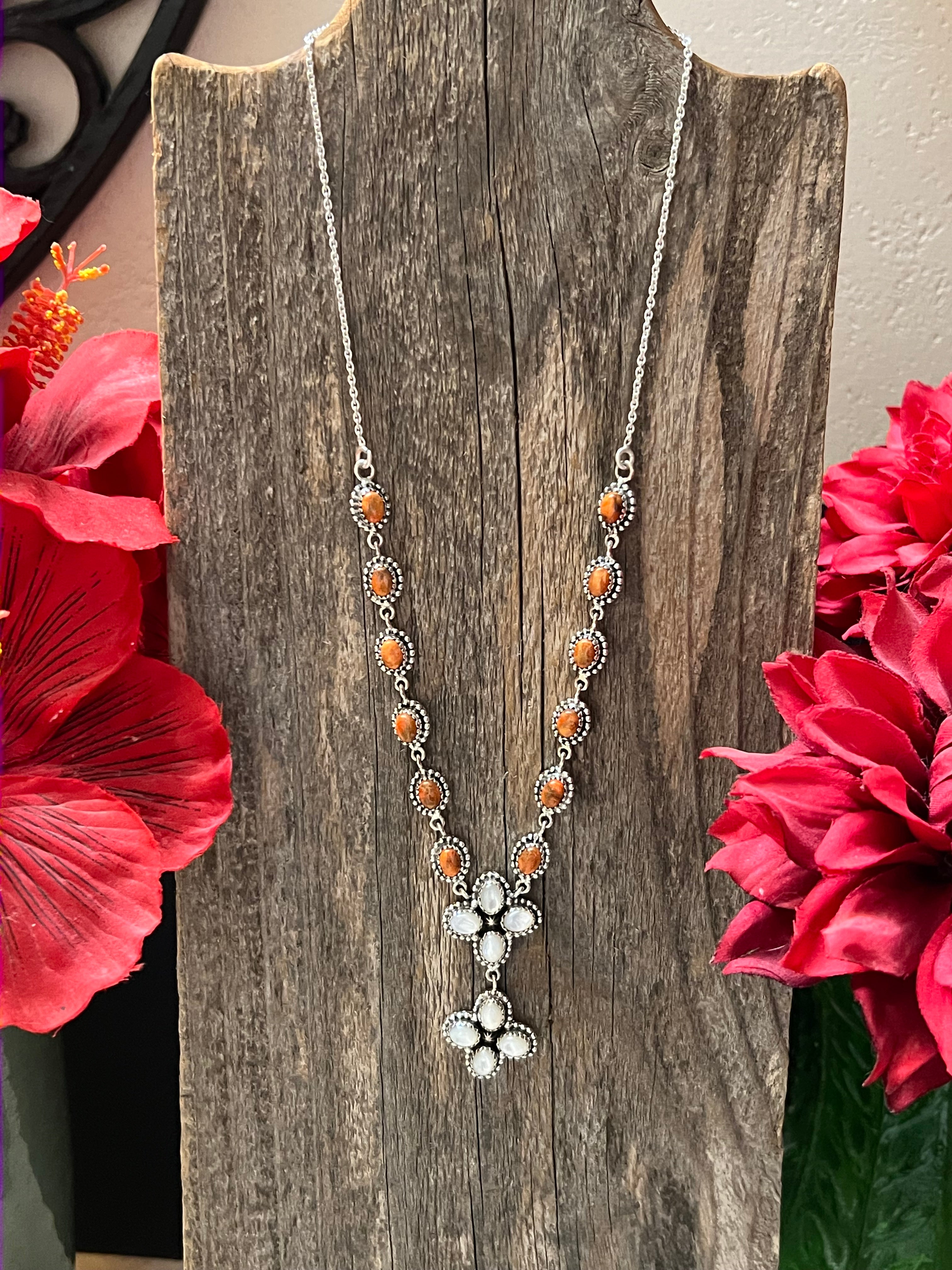 Handmade Sterling Silver, Spiny Orange & Mother of Pearl Lariat Necklace
