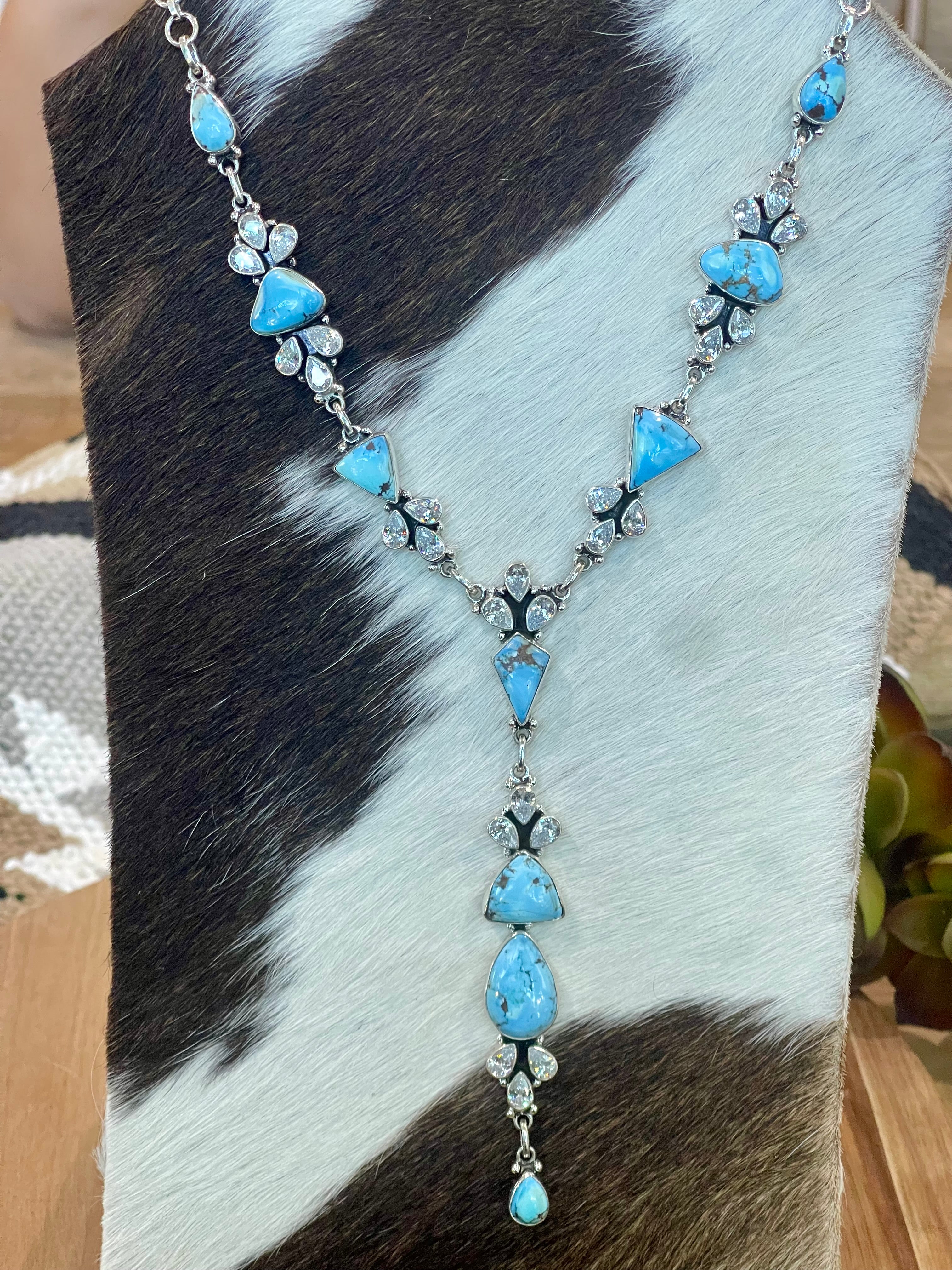 Handmade Sterling Silver, Golden Hills & CZ Lariat Necklace