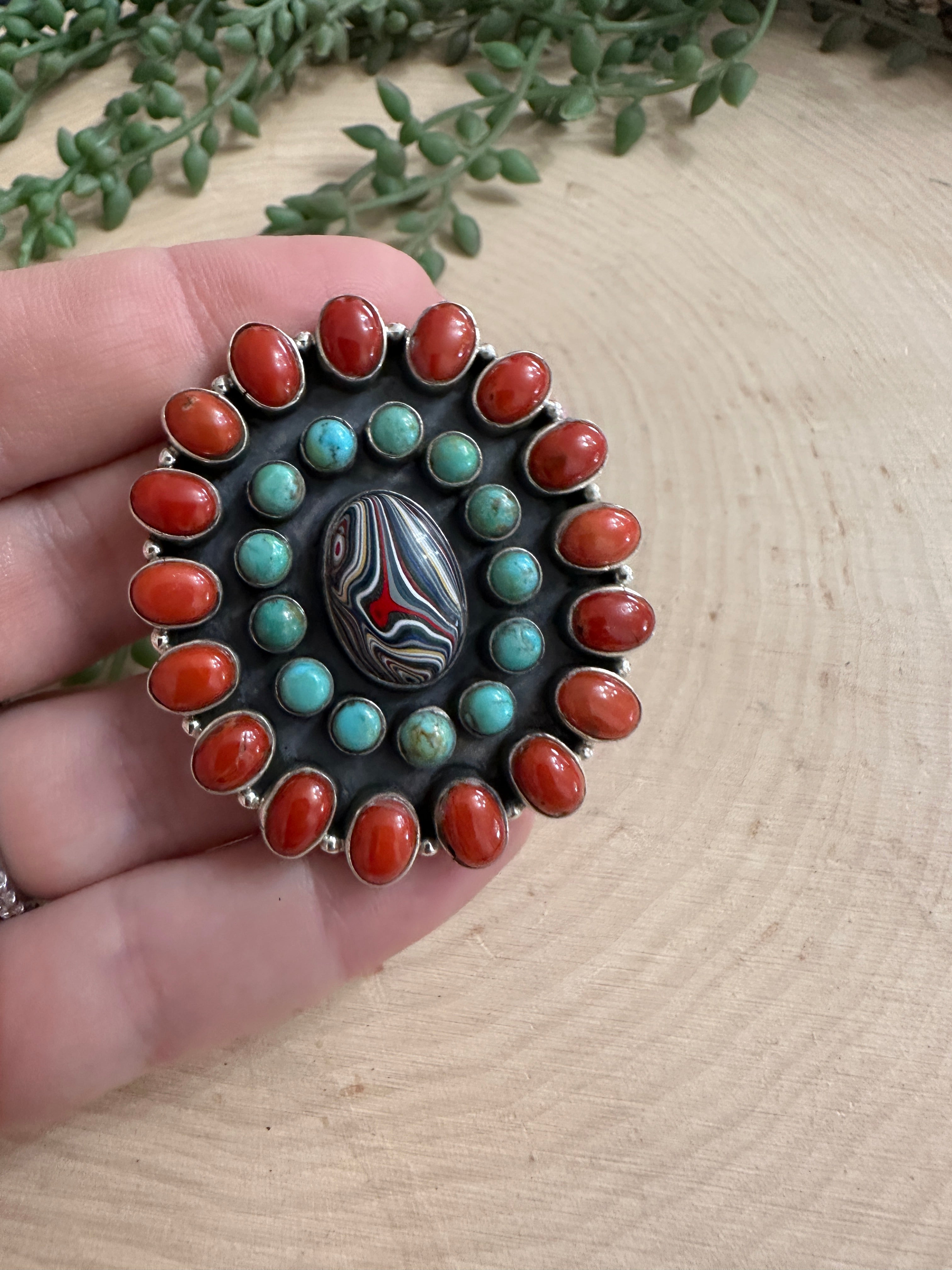 Beautiful Handmade Turquoise, Coral, Fordite And Sterling Silver Adjustable Statement Ring