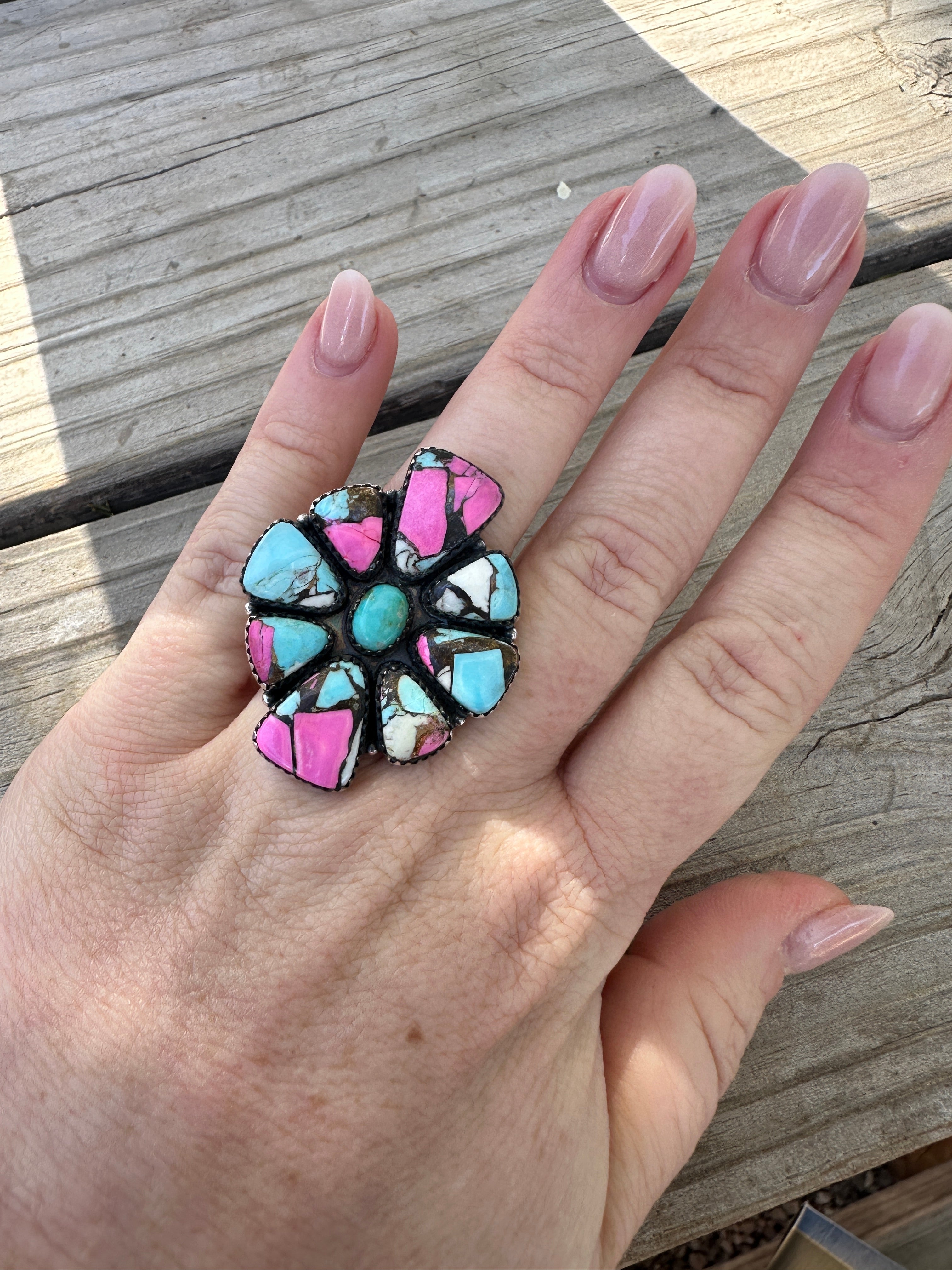 Handmade Cotton Candy Sterling Adjustable Cluster Ring