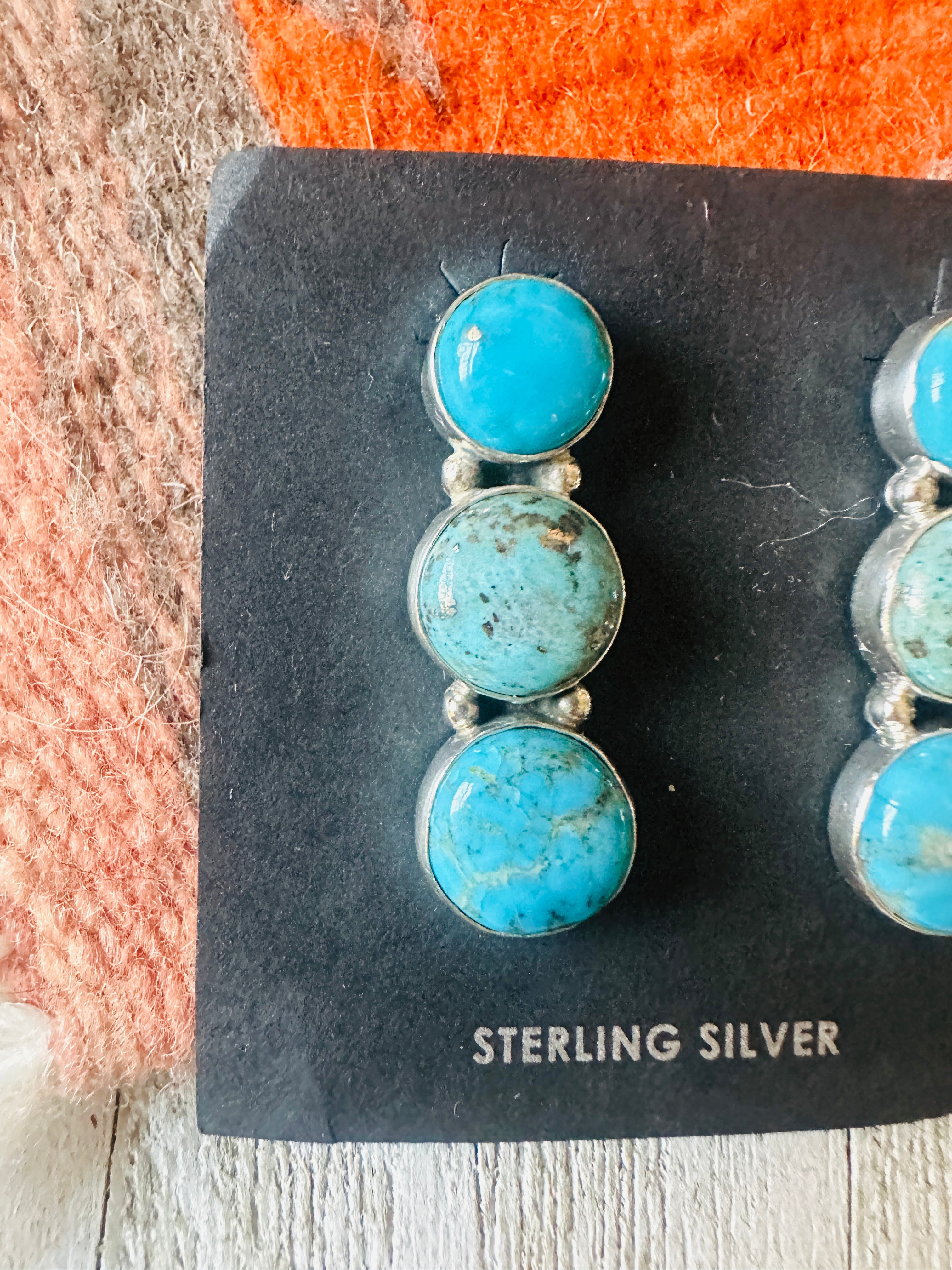 Navajo 3-Stone Turquoise And Sterling Silver Dangle Earrings