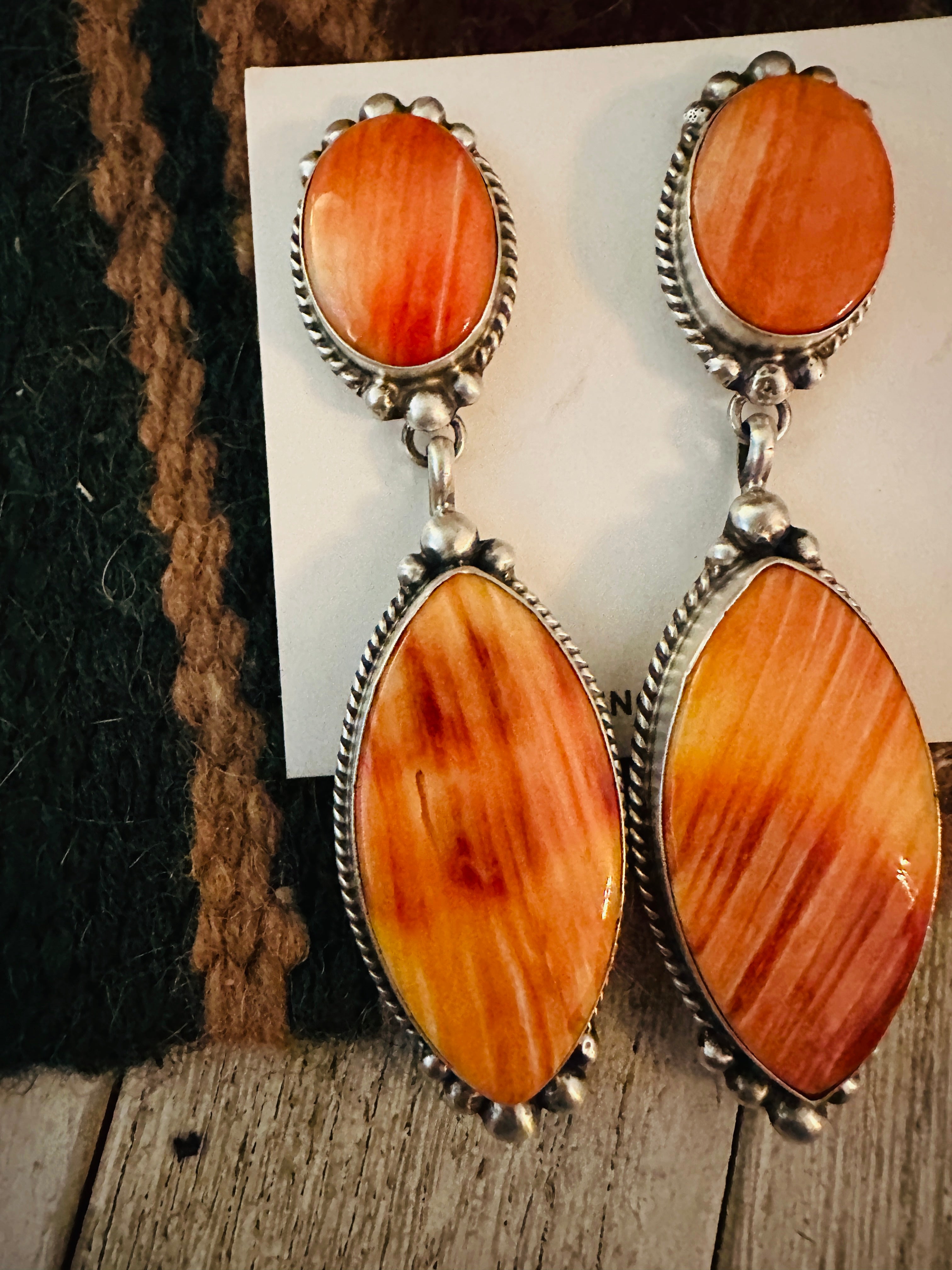 Handcrafted Orange Spiny and Sterling Silver Dangle Earrings by Elouise Kee