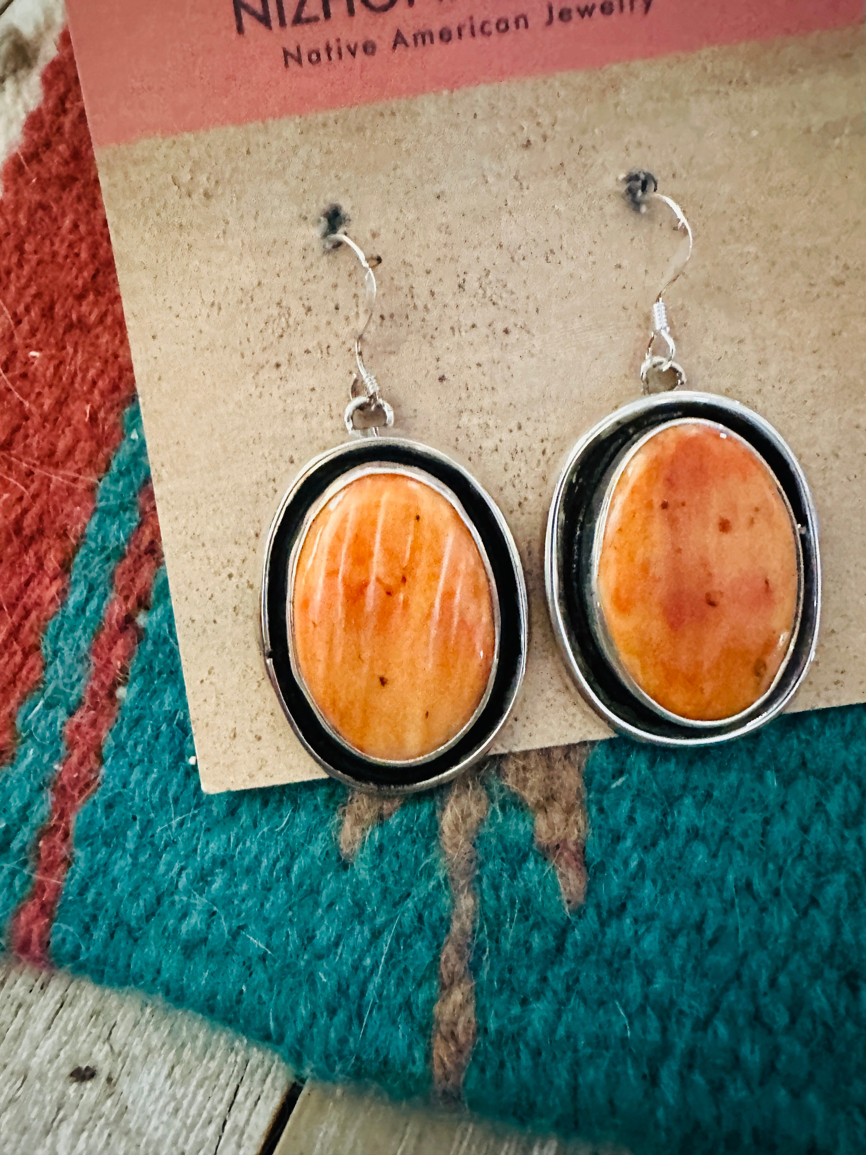 Handcrafted Orange Spiny & Sterling Silver Shadowbox Dangle Earrings