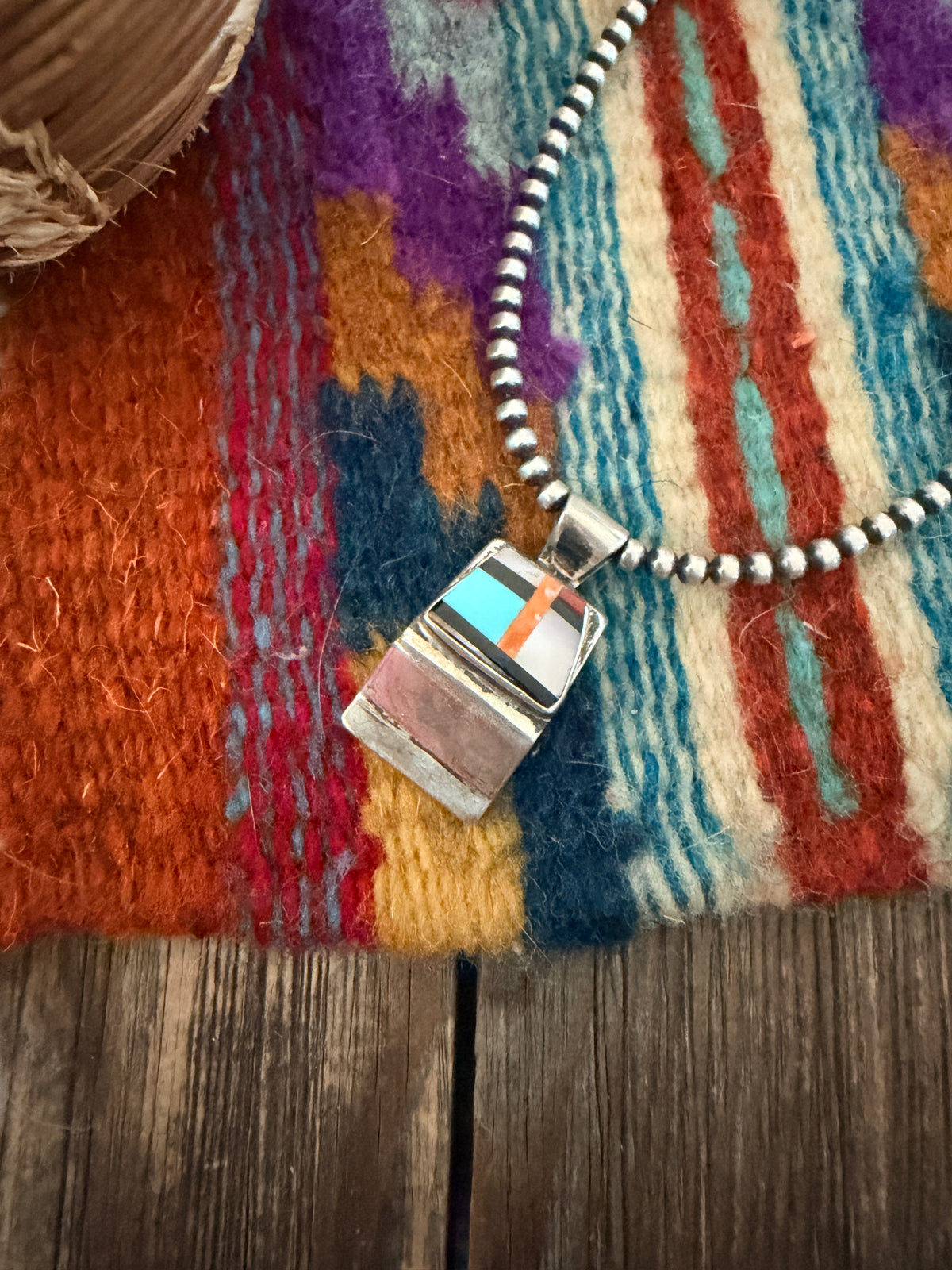 Old Pawn Handcrafted Multi Stone & Sterling Silver Inlay Pendant
