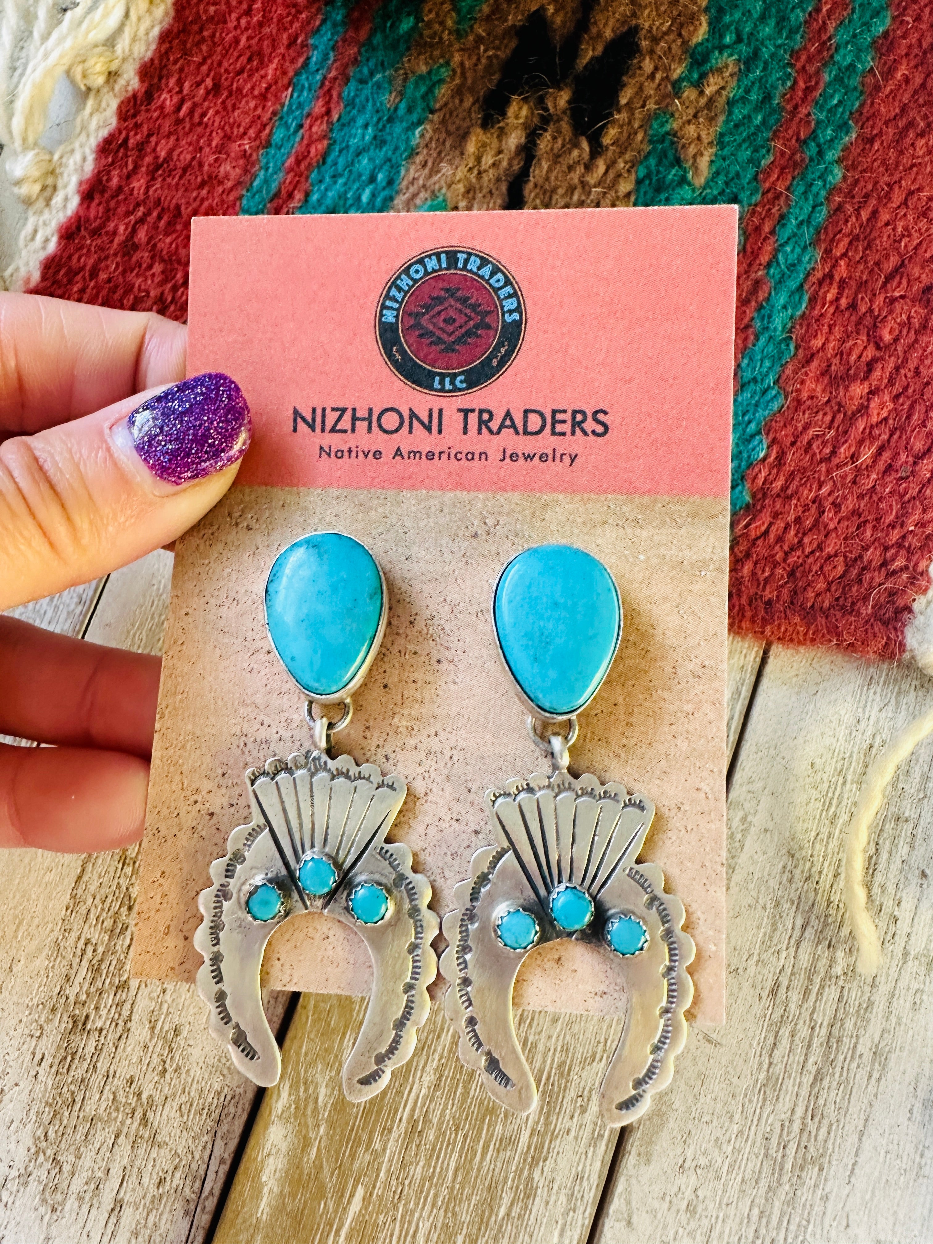 Navajo Turquoise & Sterling Silver Naja Dangle Earrings