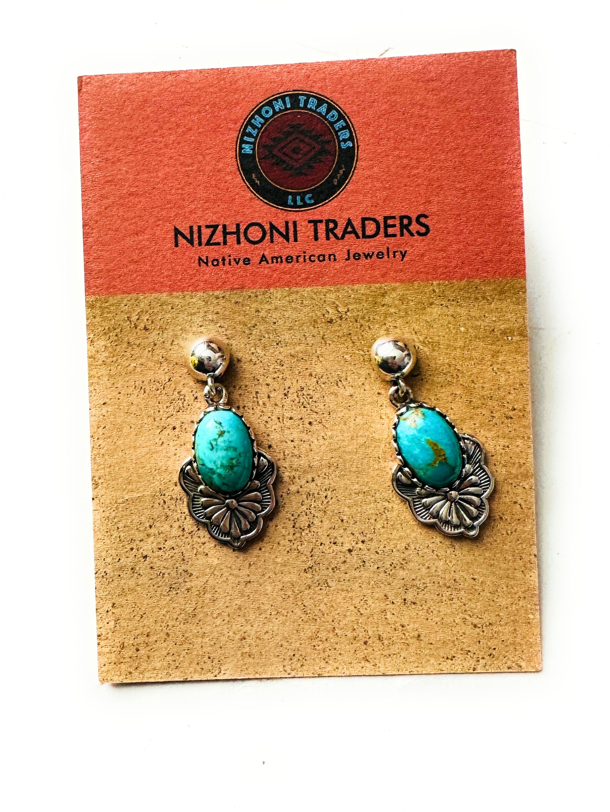 Handmade Turquoise & Sterling Silver Dangle Earrings Signed Nizhoni