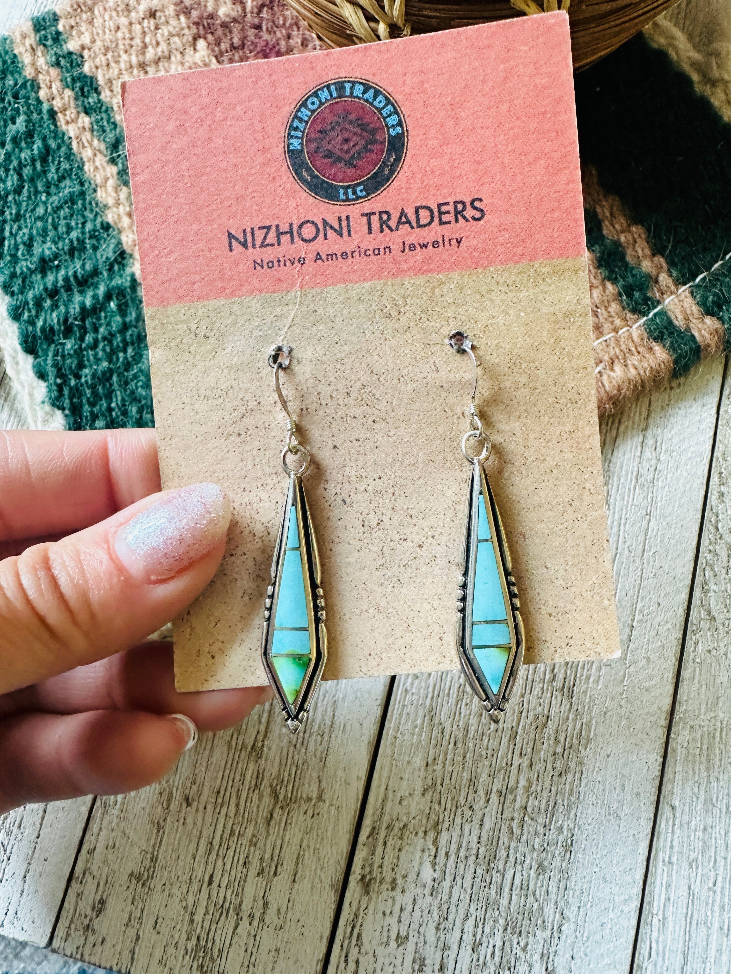 Navajo Sonoran Mountain Turquoise And Sterling Silver Inlay Dangle Earrings