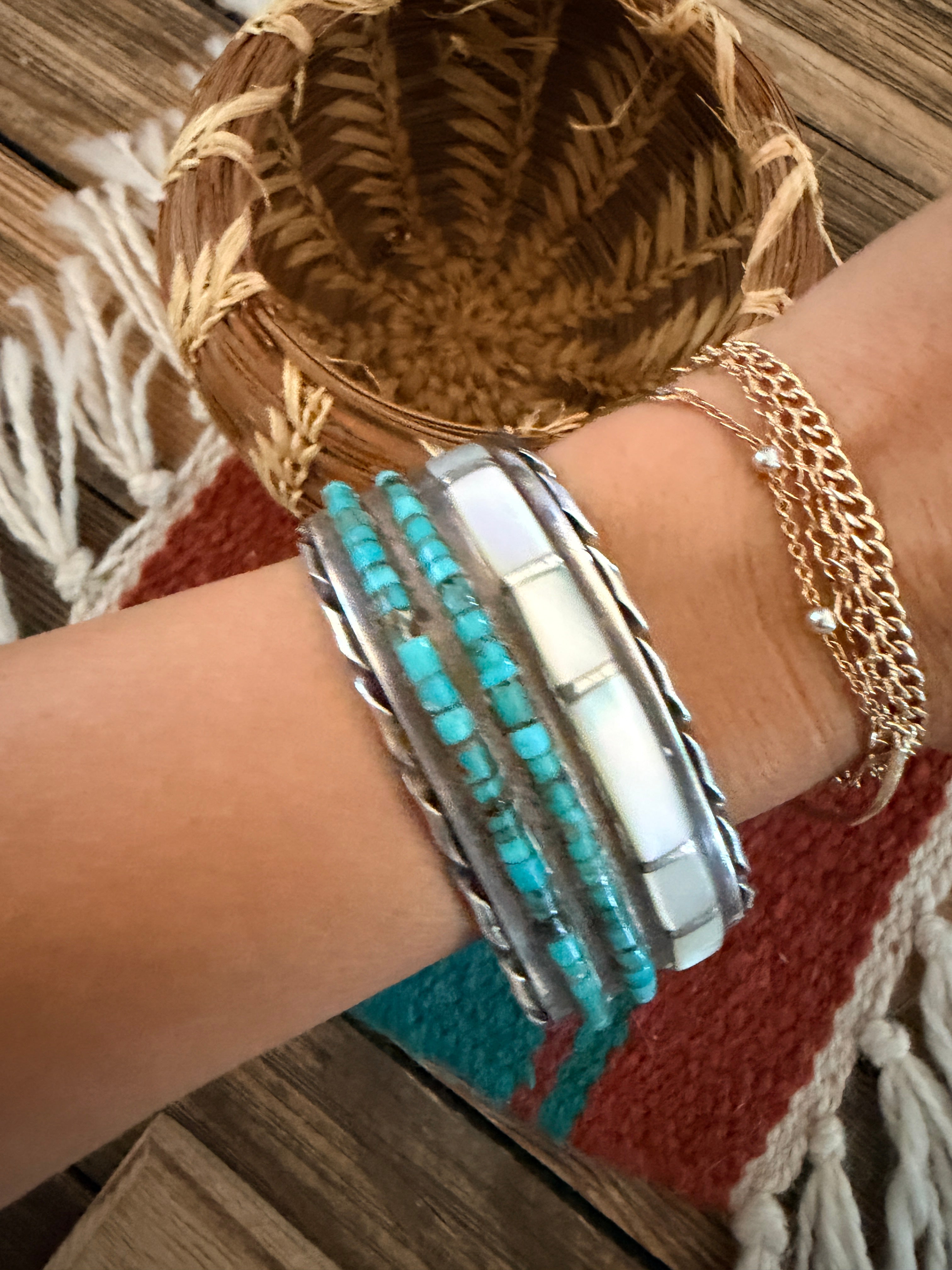 Handcrafted Old Pawn Sterling Silver, Turquoise & Mother of Pearl Inlay Cuff Bracelet
