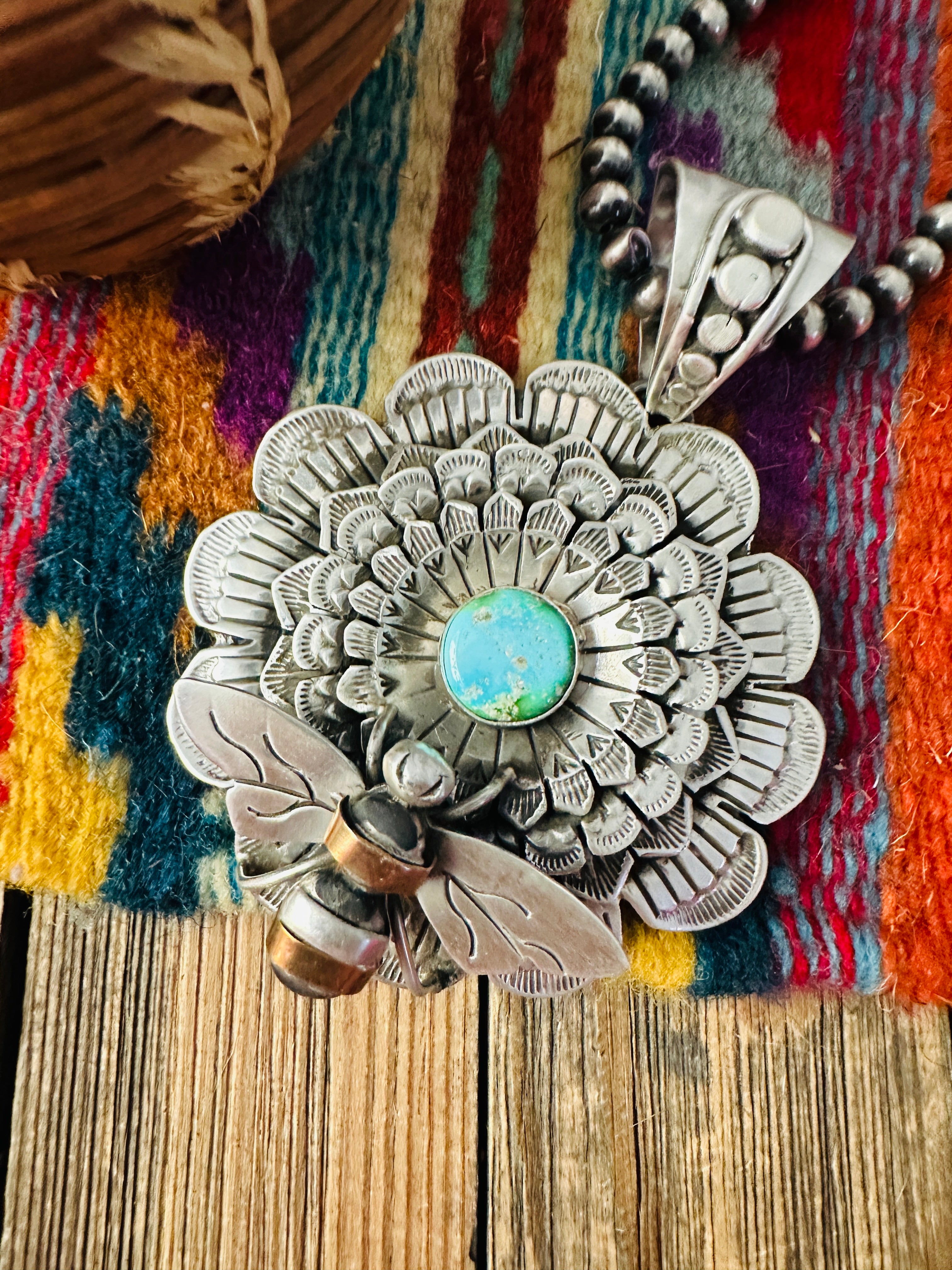 Handcrafted Sterling Silver & Turquoise Flower Bumblebee Pendant by Patrick Yazzie