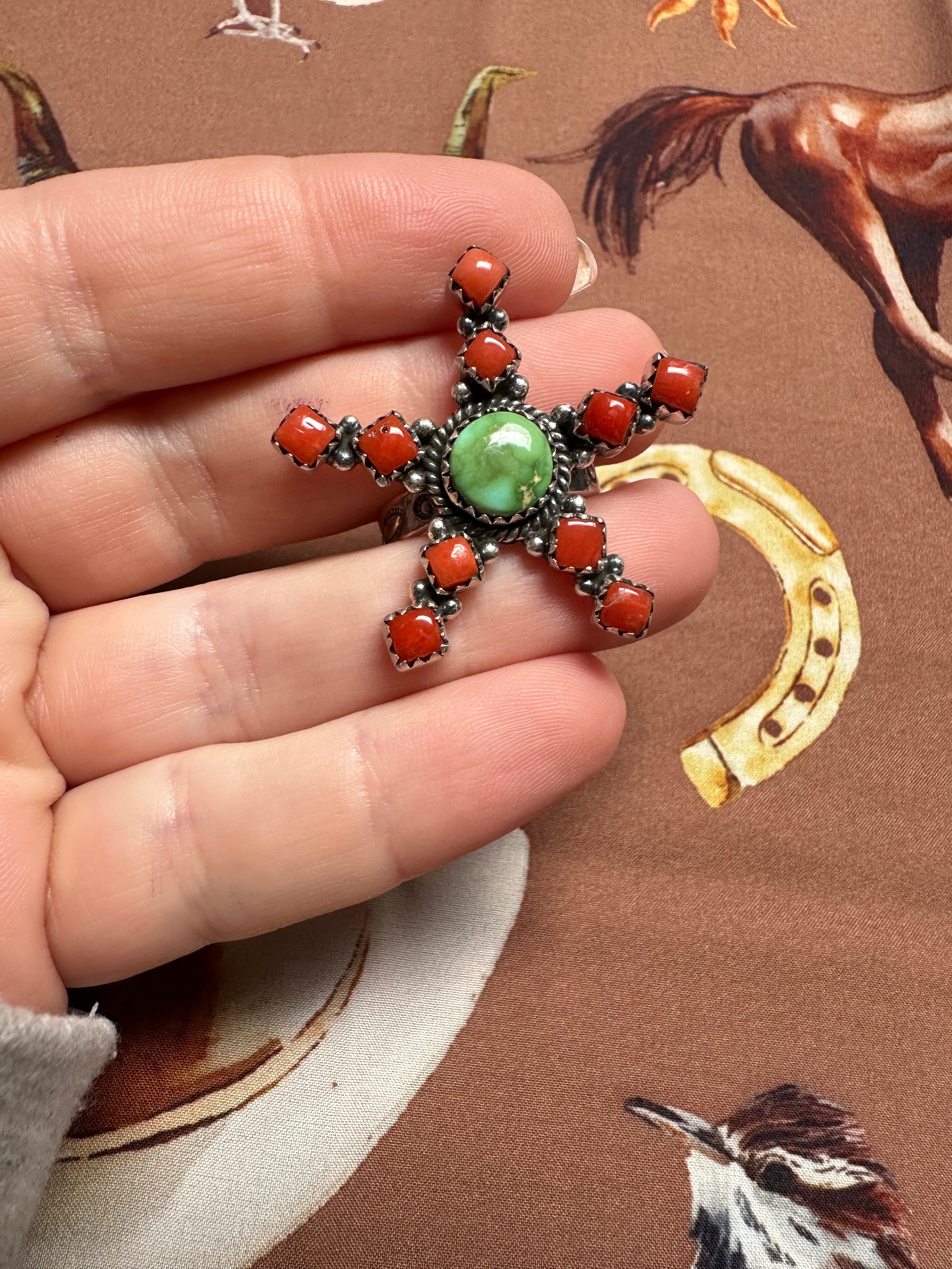 Beautiful Handmade Coral, Sonoran Turquoise And Sterling Silver Adjustable STAR Ring