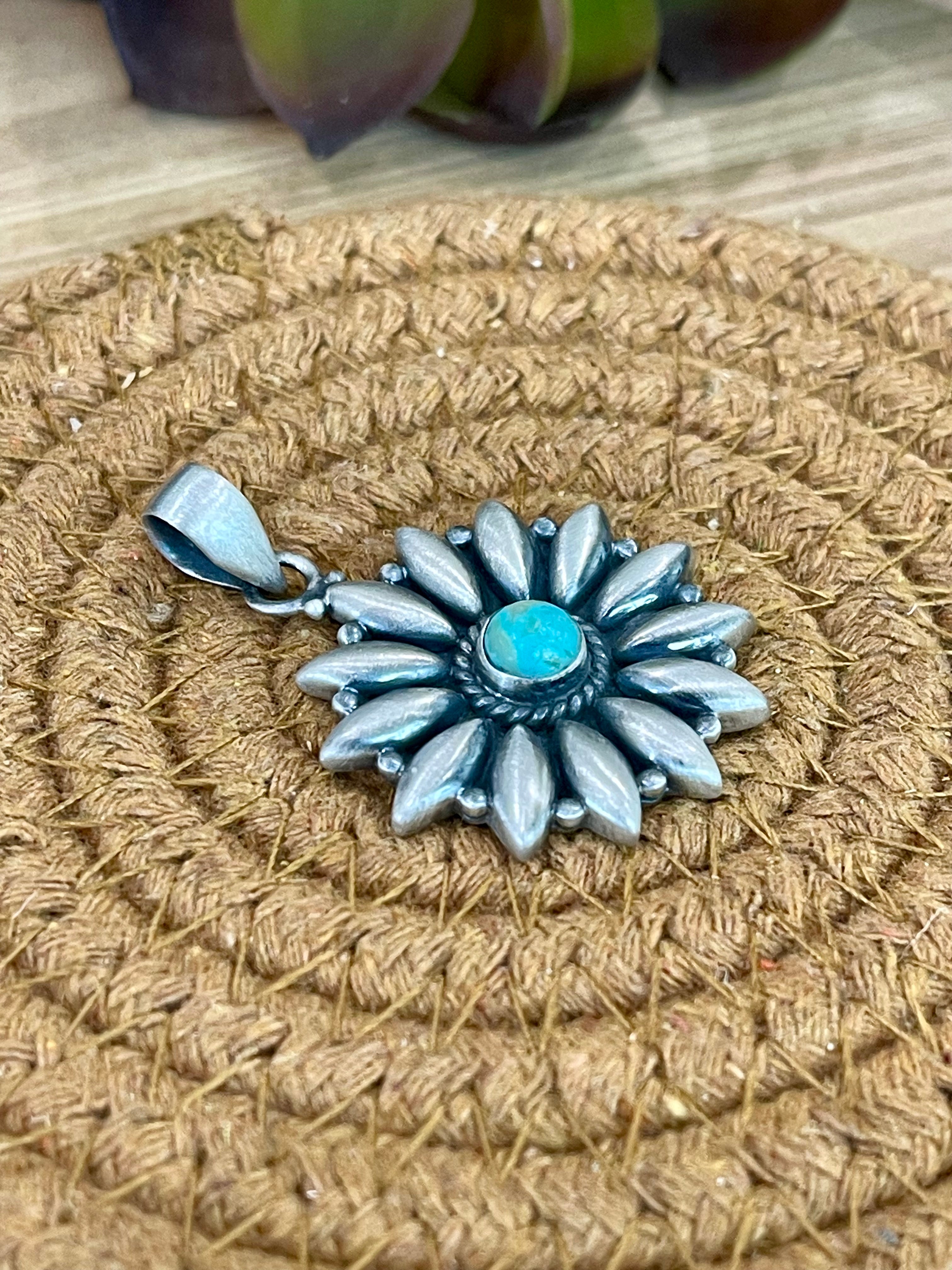 Handmade Sterling Silver Kingman Turquoise Pendant with Signed Nizhoni