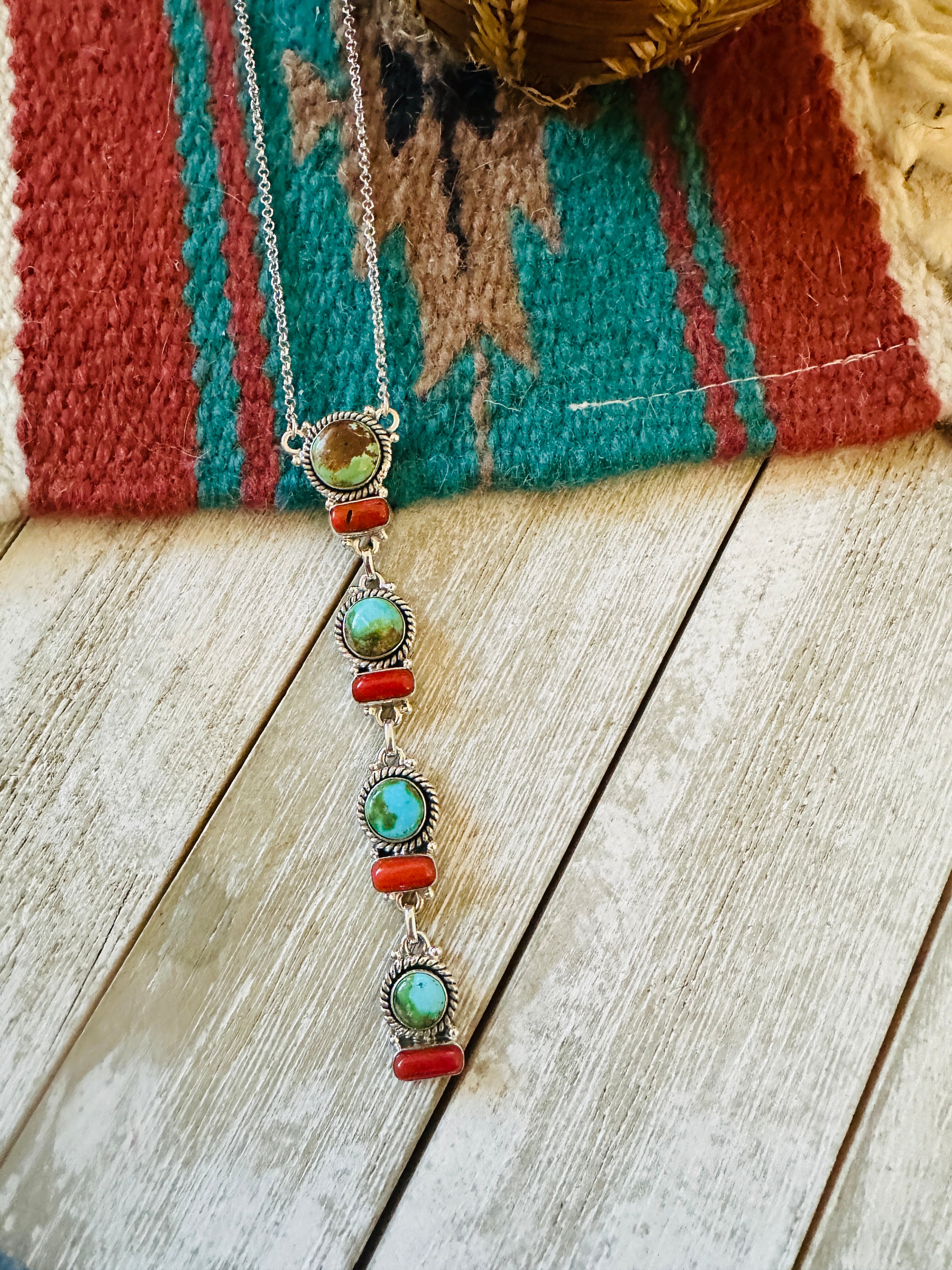 ** Christmas Collection ** Handmade Sterling Silver, Turquoise & Coral Necklace Signed Nizhoni