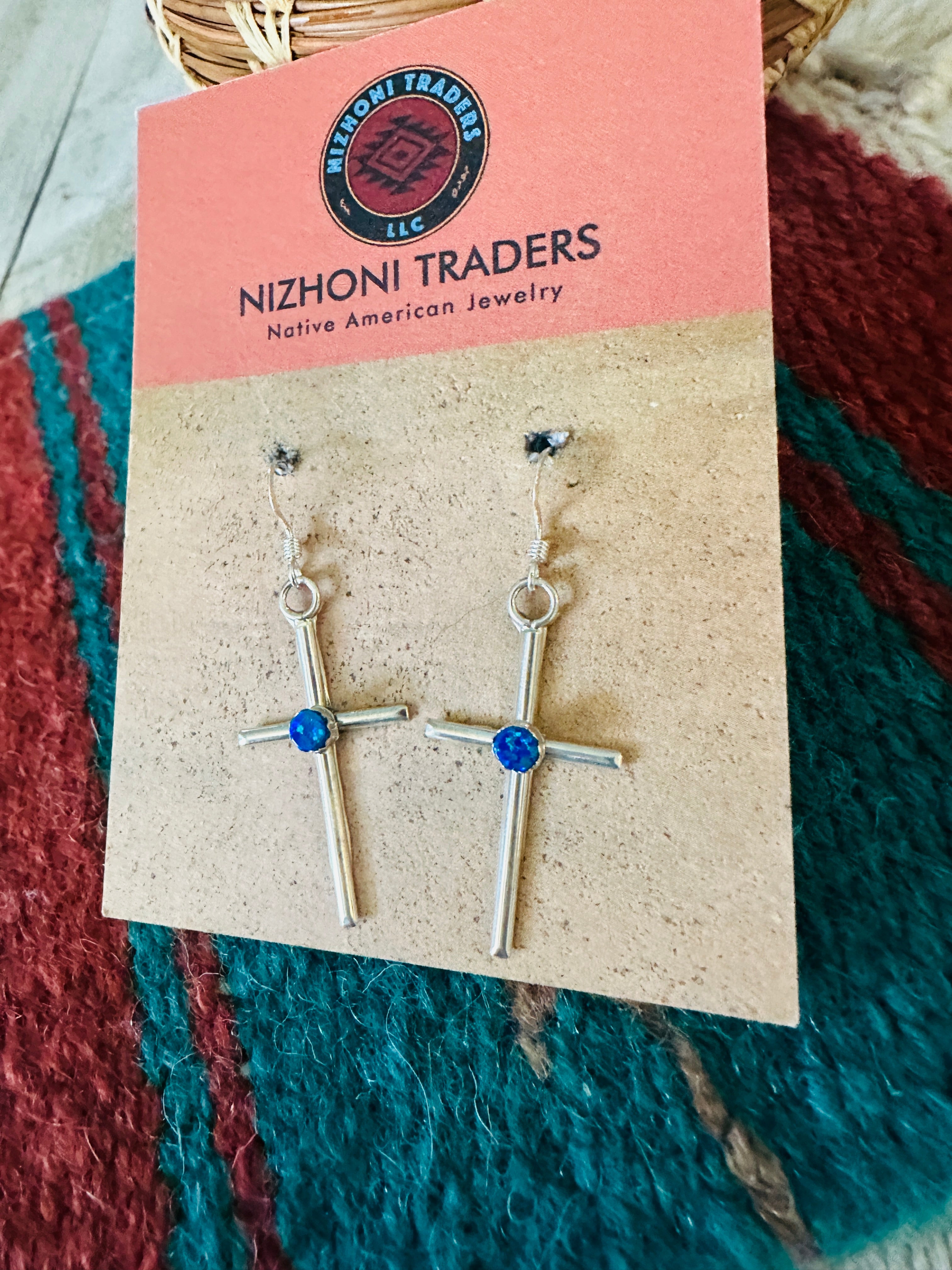 Navajo Sterling Silver & Blue Opal Cross Dangle Earrings