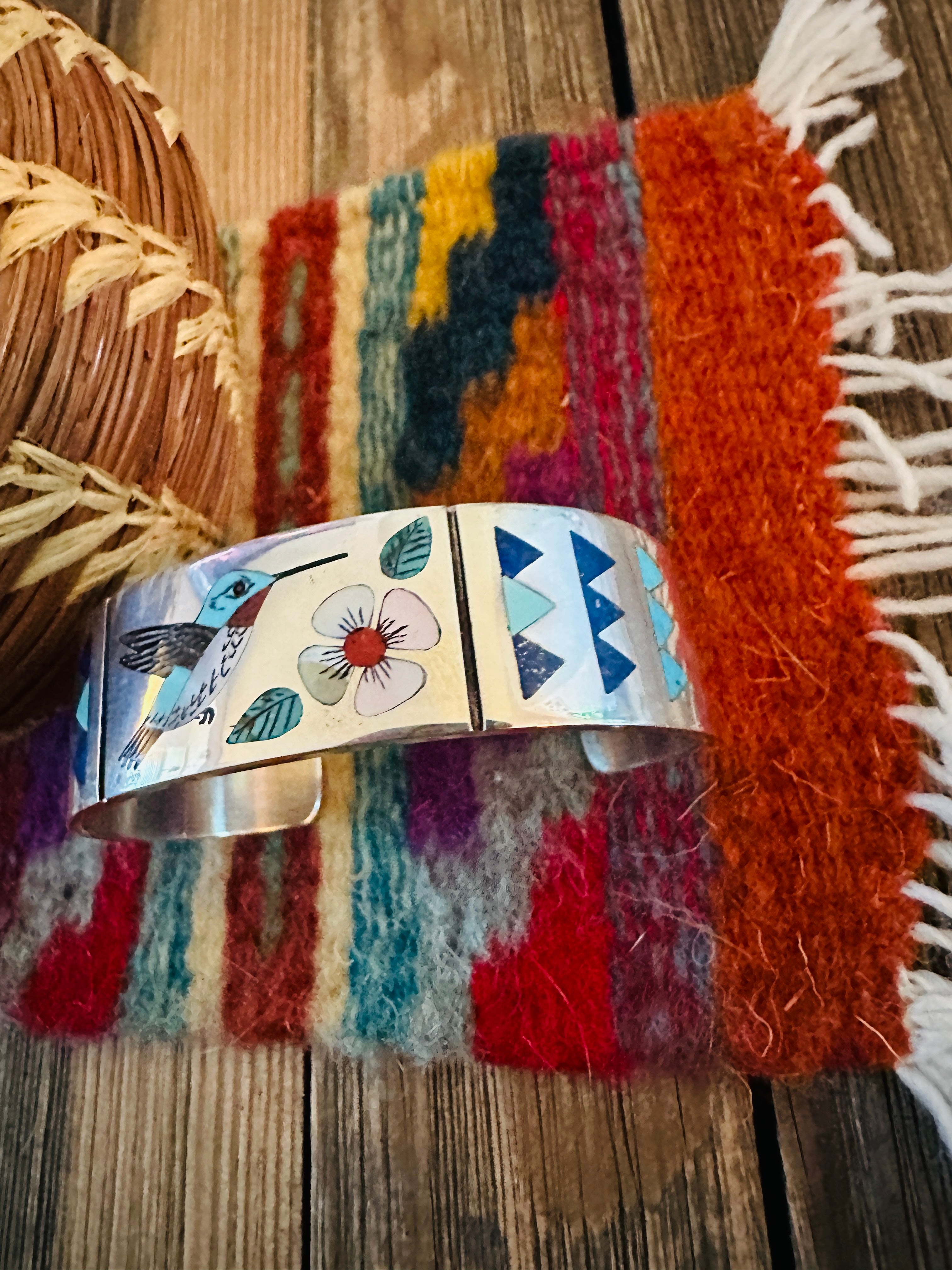 Handcrafted Sterling Silver & Multi Stone Inlay Hummingbird Cuff Bracelet by R.N. Laconsello