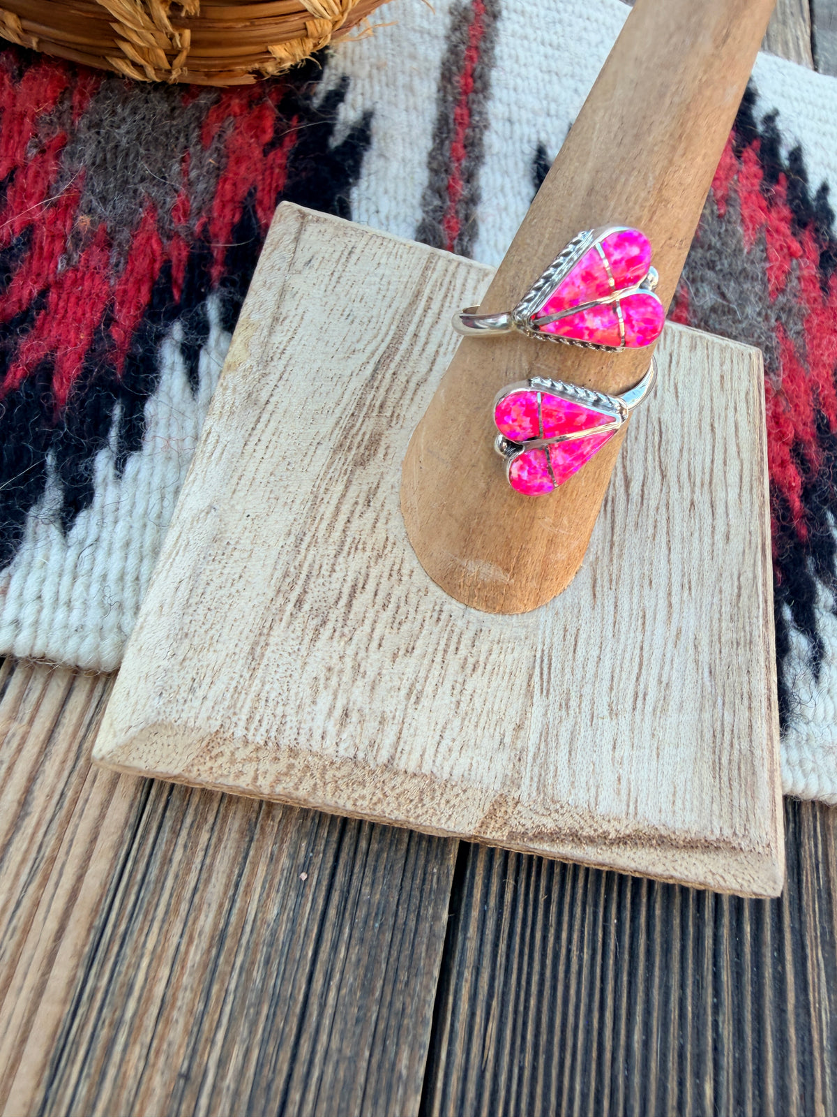 Handcrafted Pink Opal & Sterling Silver Inlay Heart Adjustable Ring