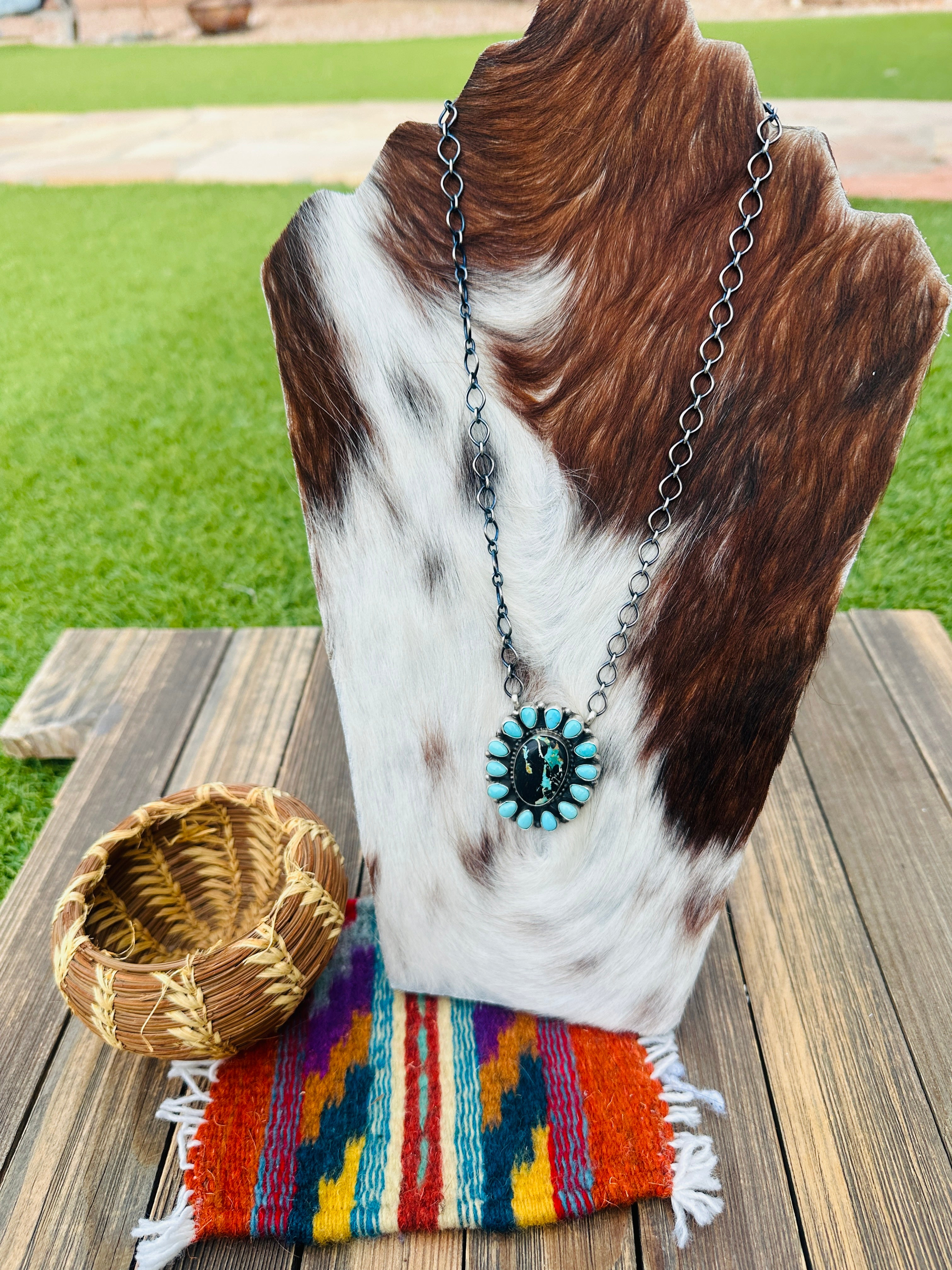 Handcrafted Turquoise & Sterling Silver Cluster Necklace by Travis Jim