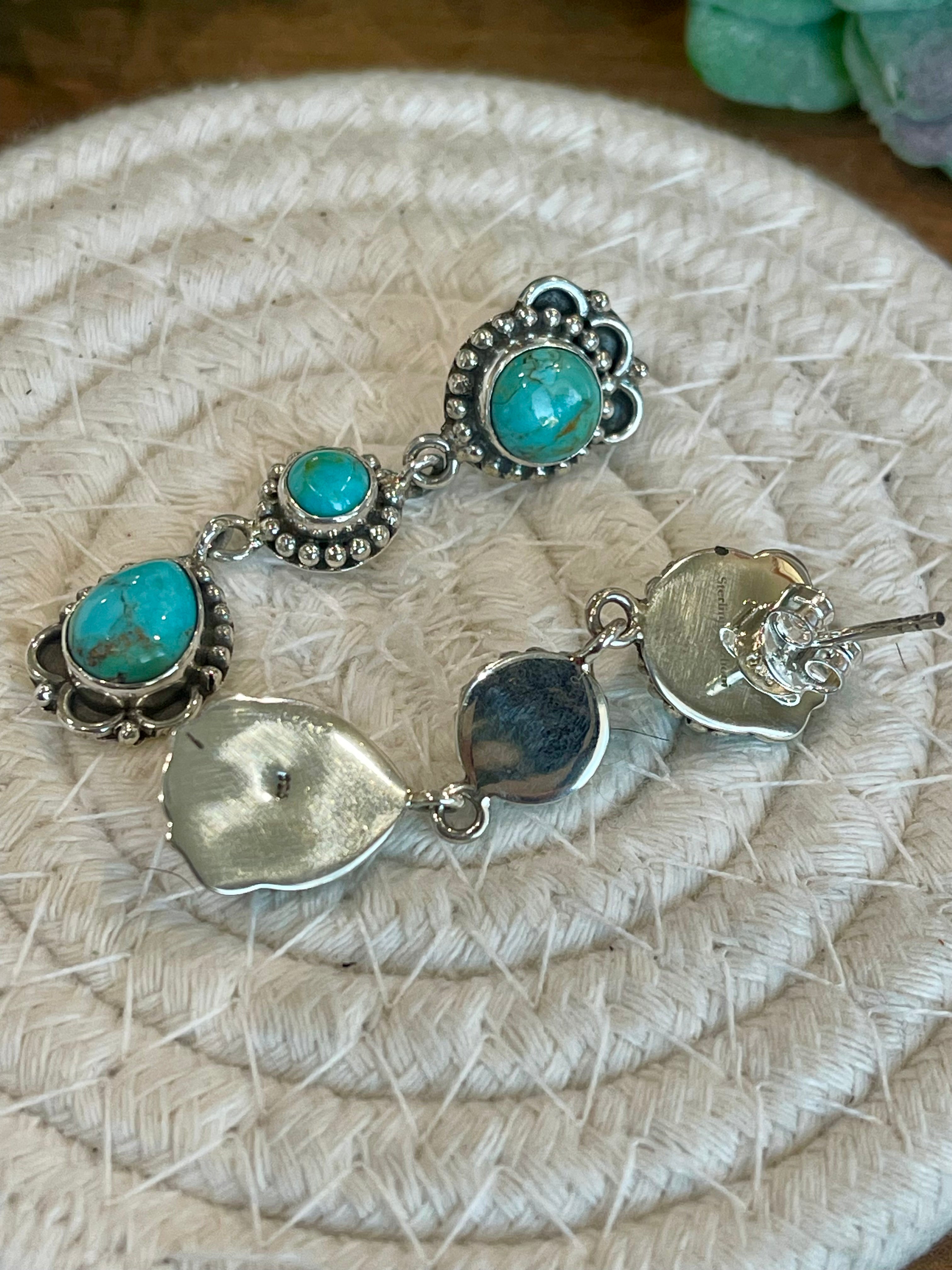 Handmade Turquoise and Sterling Silver Dangles 3 stone