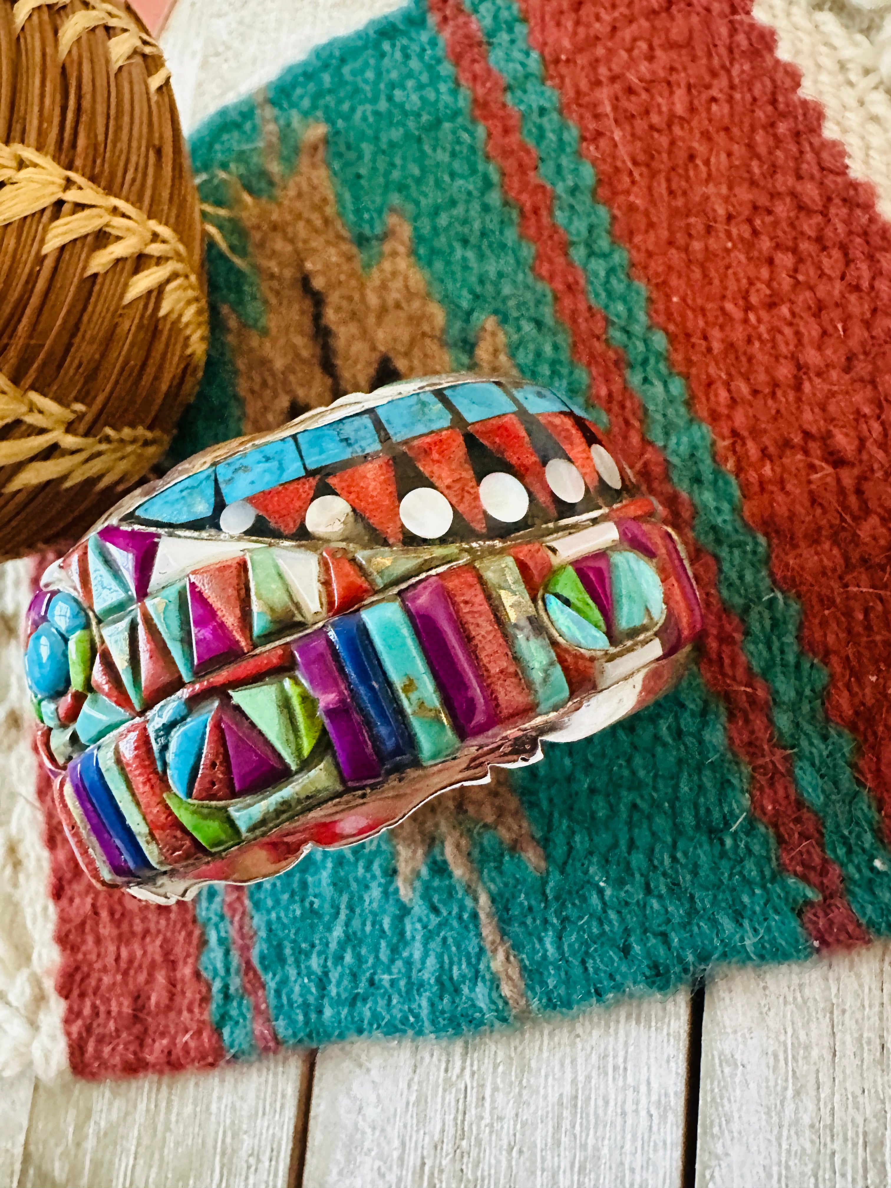 Handmade Sterling Silver Multi Stone Inlay Cuff