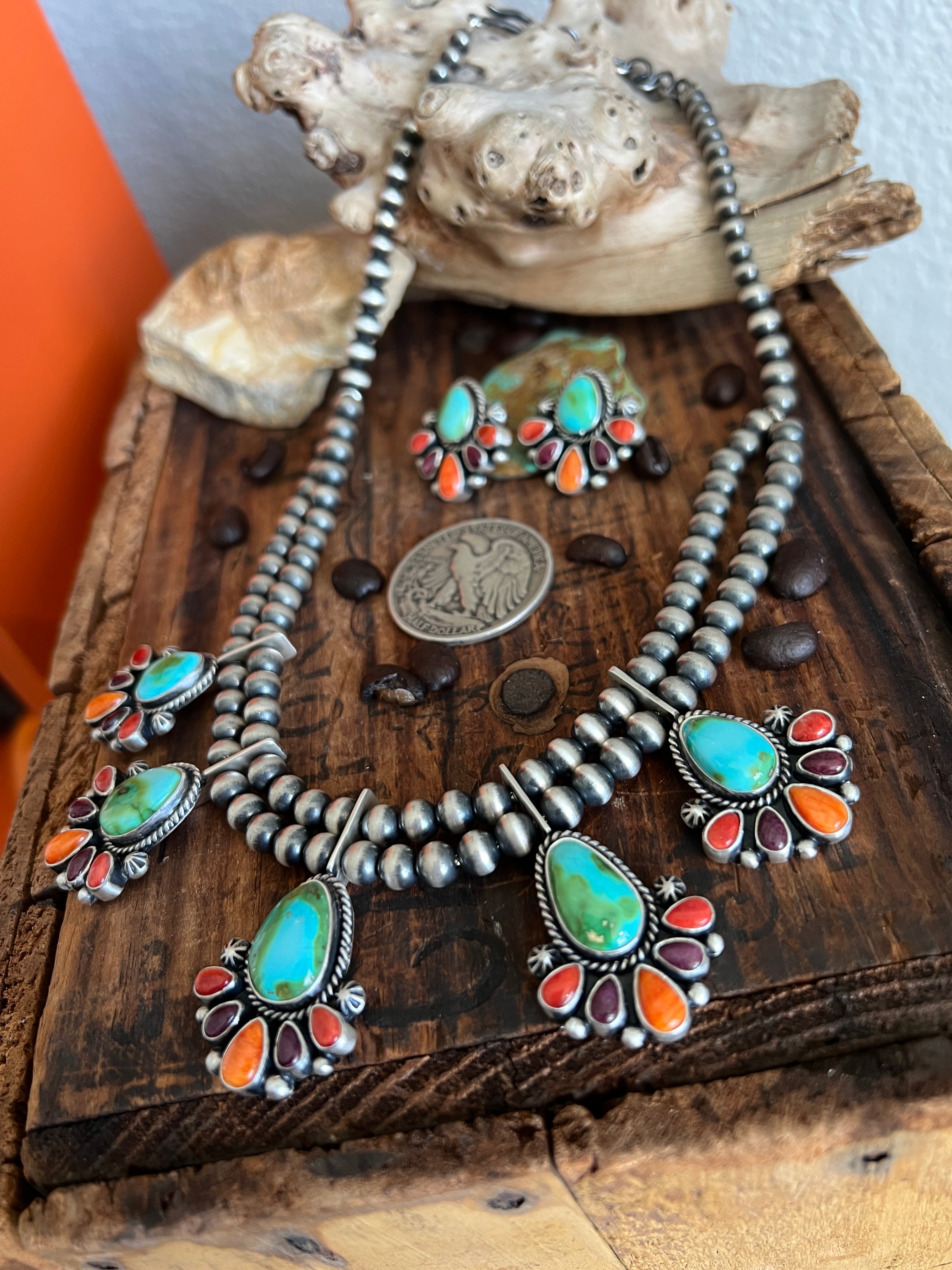 Handcrafted Sterling Silver Electric Rainbow Beaded Cluster Necklace & Earrings Set by Angela Martin