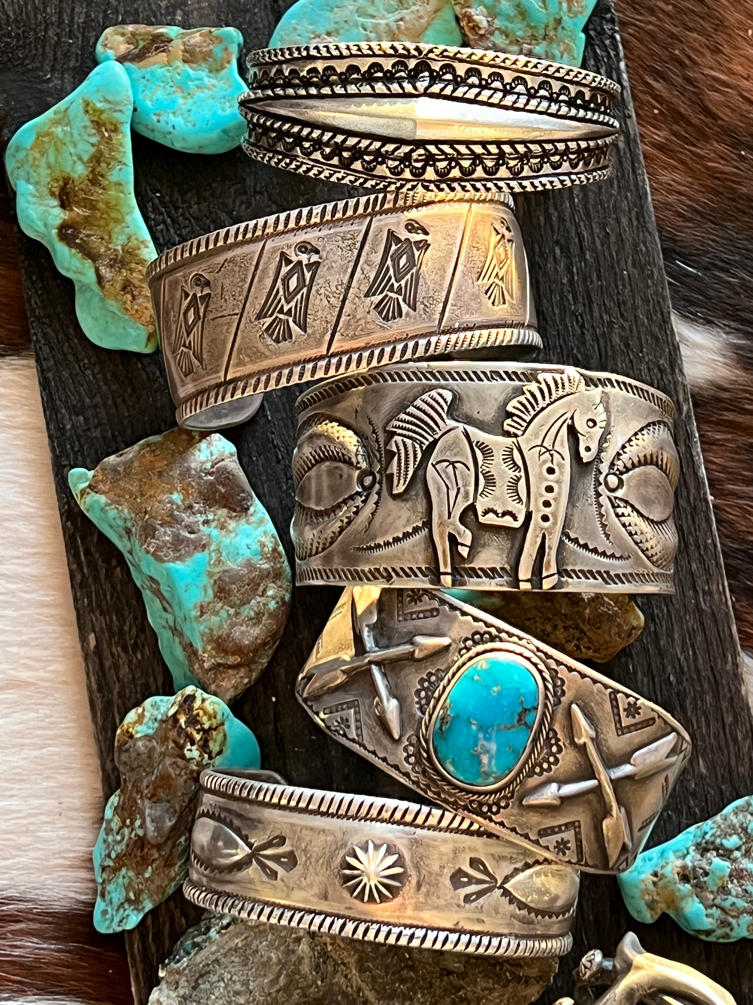 Handcrafted & Hand Forged Old Pawn Sterling Silver Ingot Cuff Bracelet by Santa Fe Artist, Buffalo: The Birds