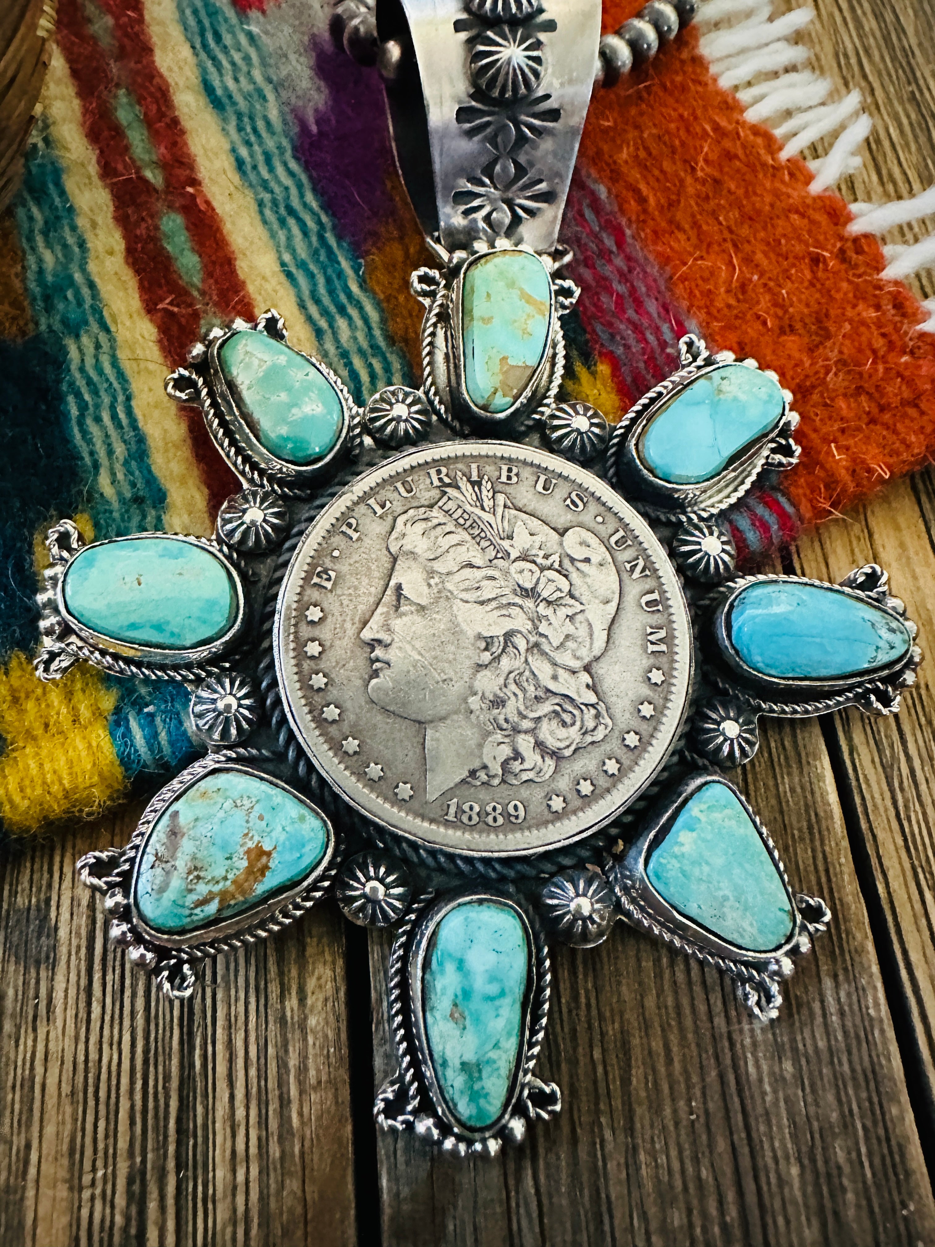 Handcrafted Sterling Silver & Turquoise Morgan Dollar Pendant by Rosella Paxson