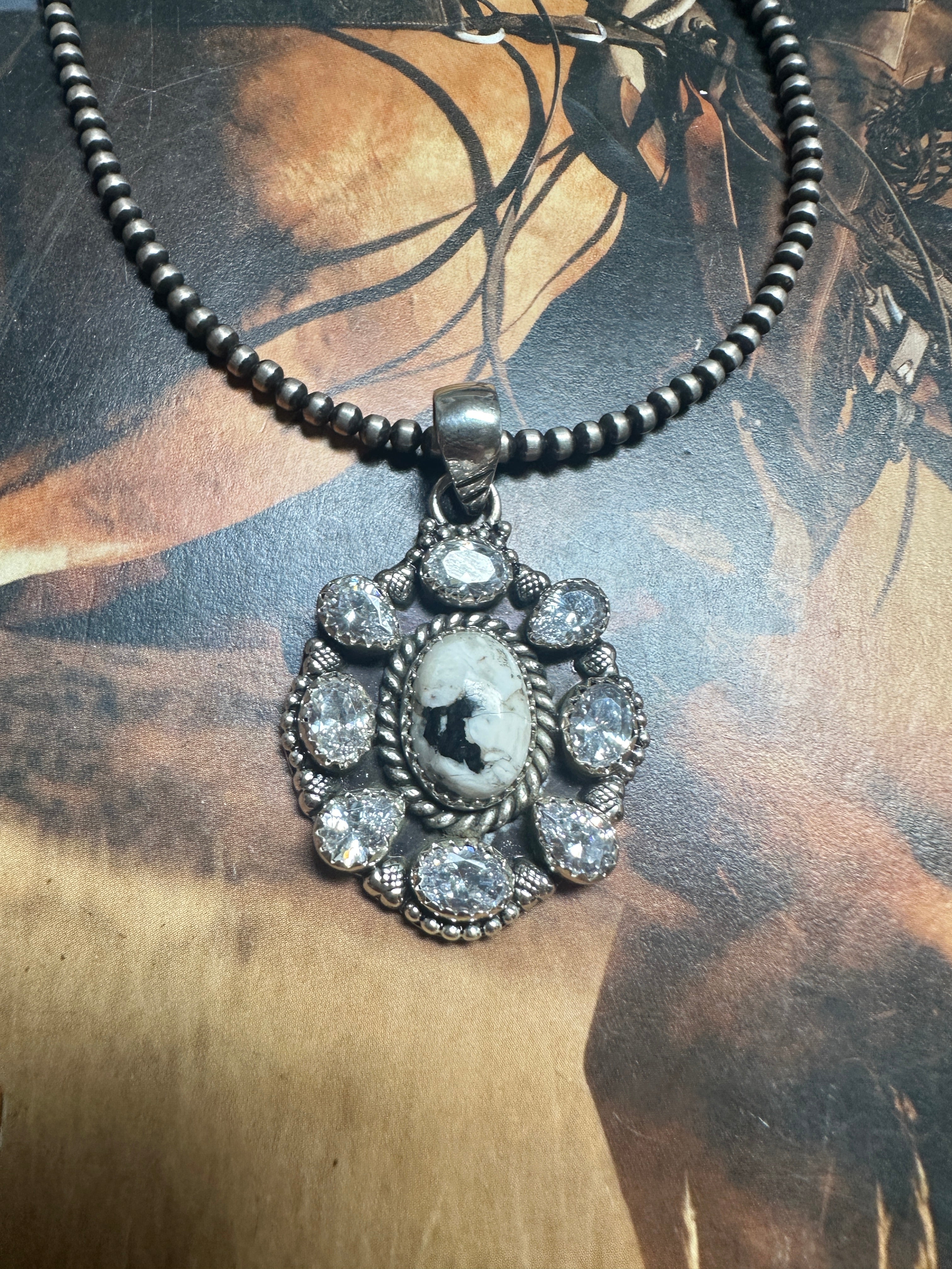 Beautiful Handmade Sterling Silver, CZ & White Buffalo Cluster Pendant