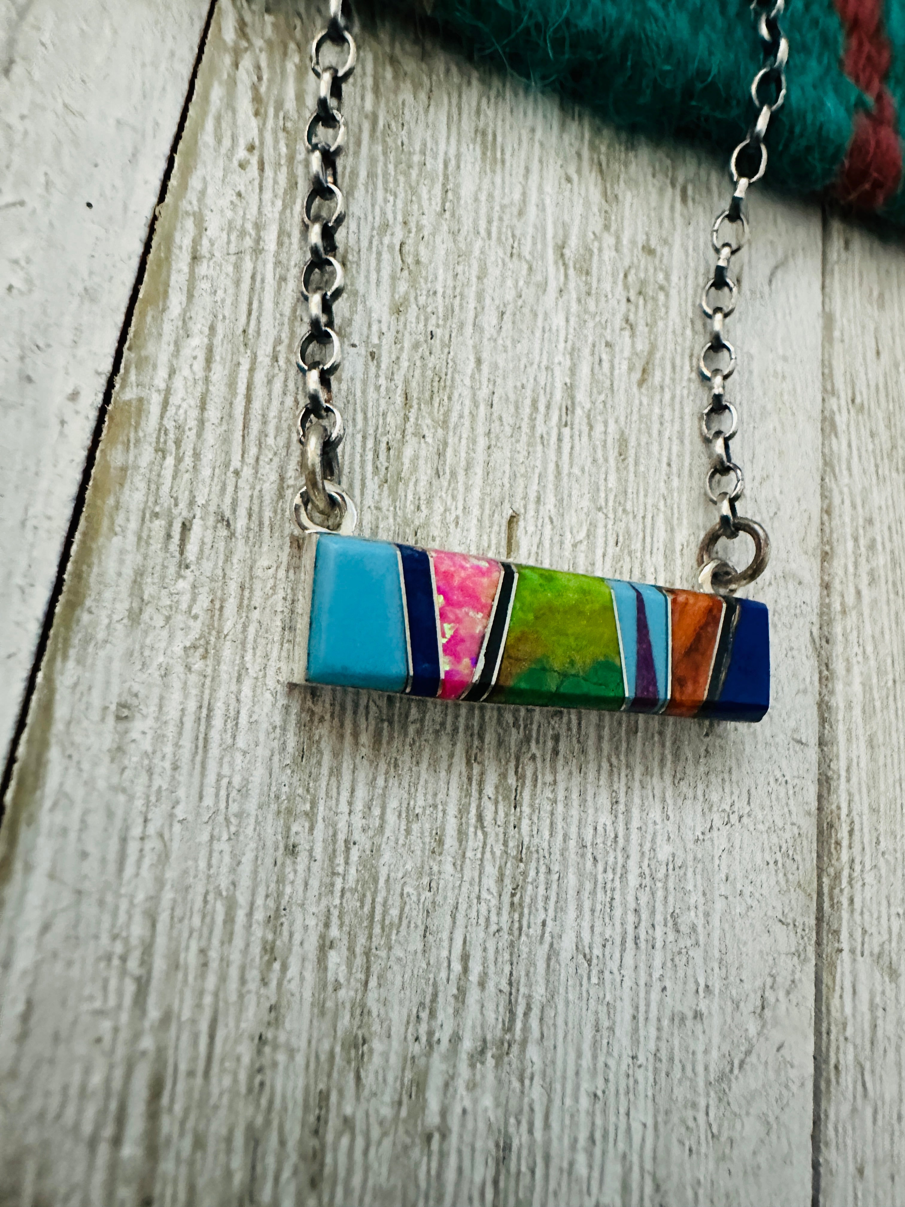 Navajo Multi Stone & Sterling Silver Inlay Bar Necklace