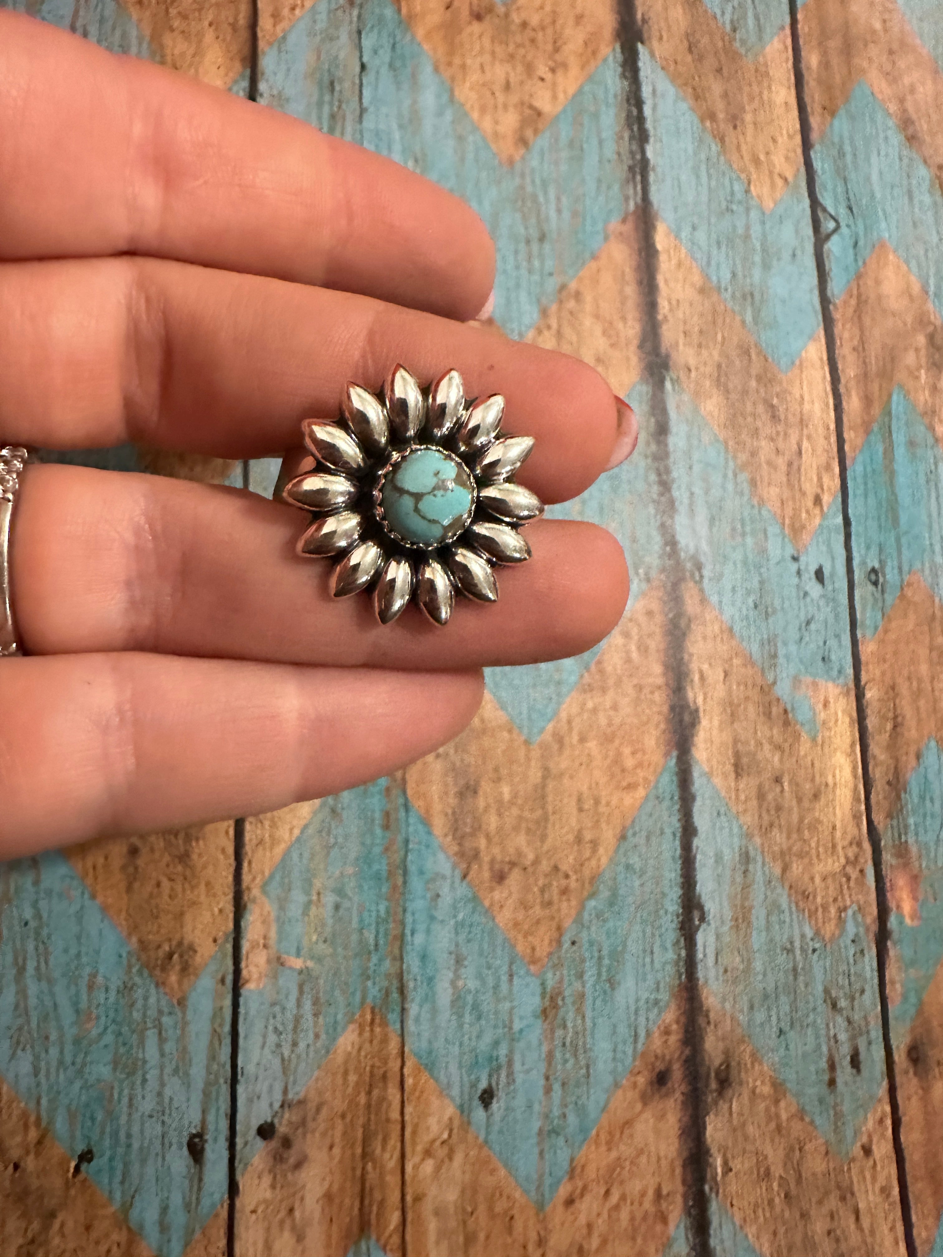 Beautiful Handmade Number 8 Turquoise And Sterling Silver Adjustable Flower Ring