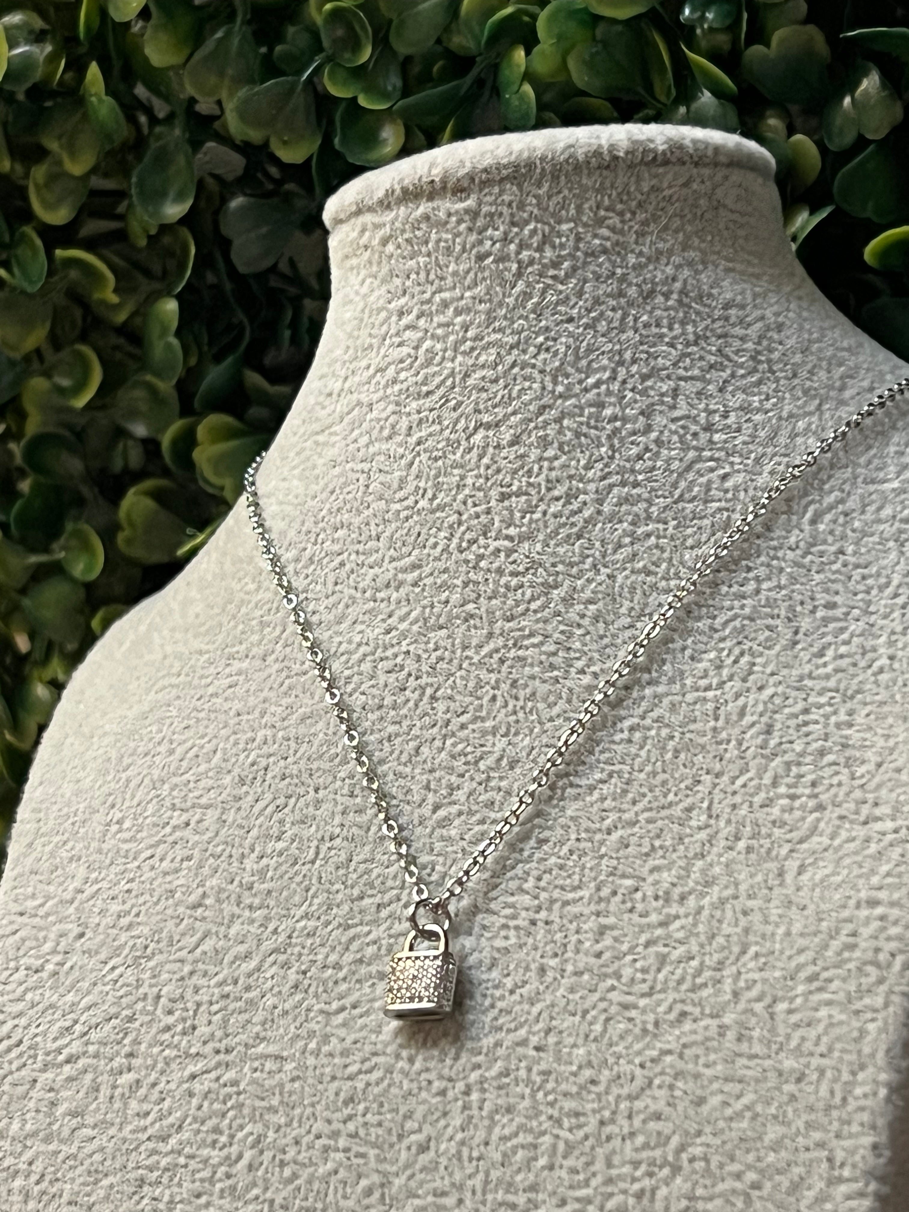Silver Plated CZ Lock Pendant Chain Necklace